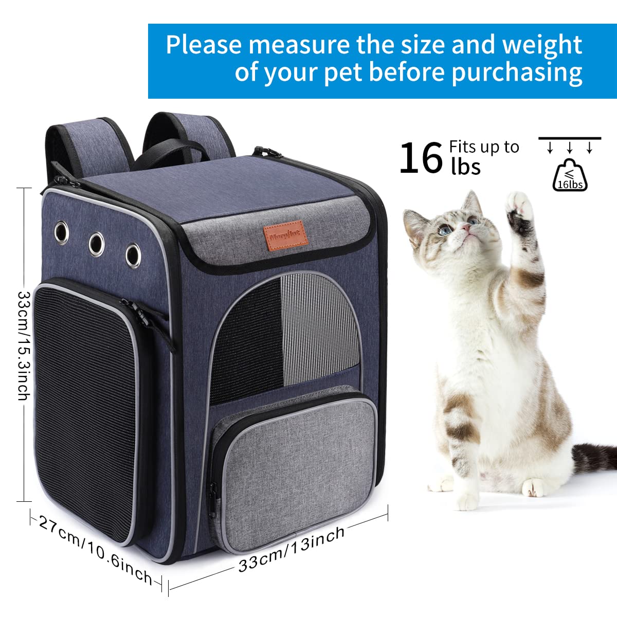 morpilot Zaino Gatto, Zaino Trasportino Pieghevole per Gatti e Cani Taglia Piccola per Campeggio Viaggio, Zaino Cane Traspirante con Guinzaglio di Sicurezza Interno + Ciotola per Cani Pieghevole