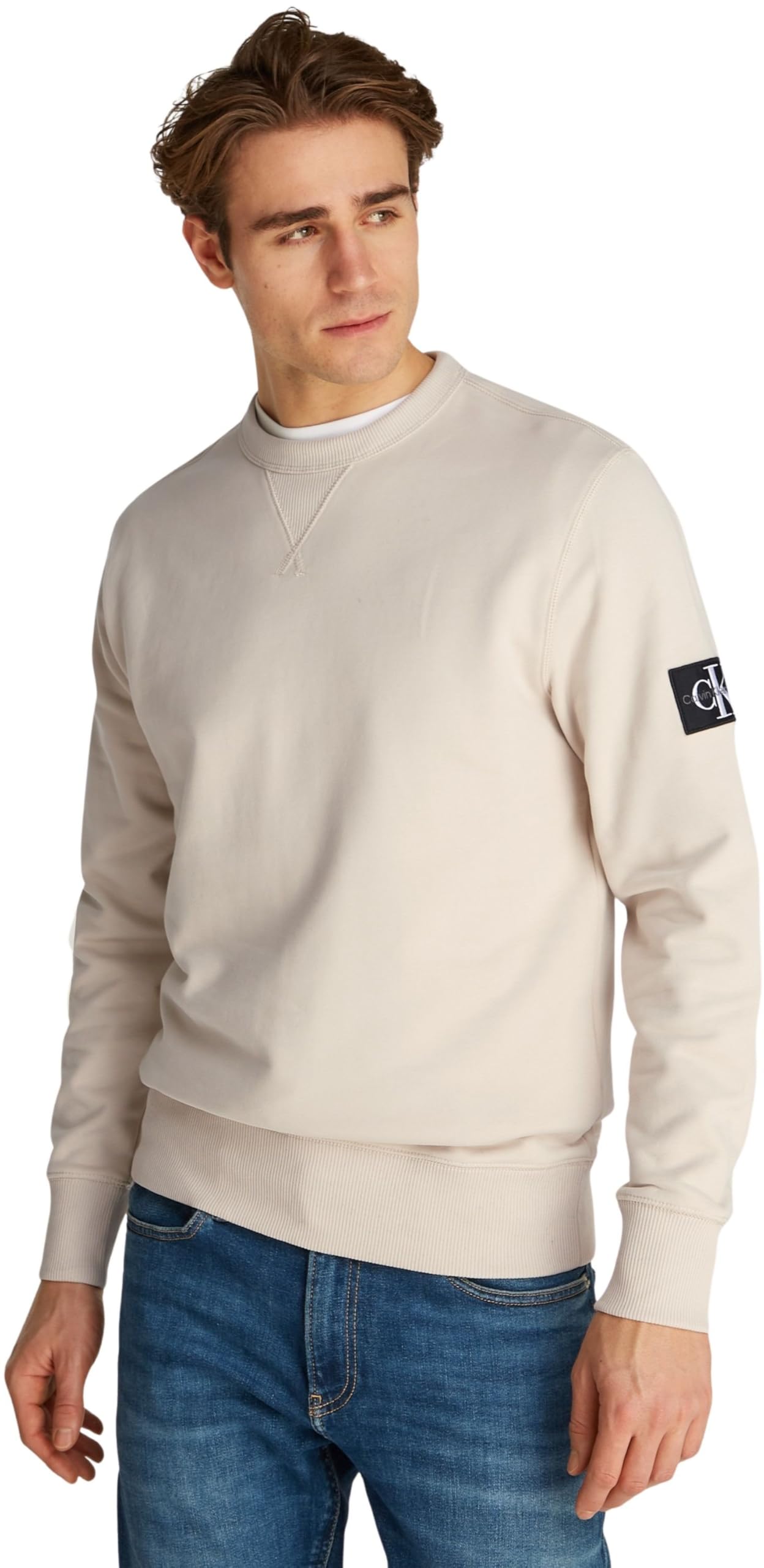 Calvin Klein Men’s Crew Neck Badge Cotton Sweatshirt, Beige (Oatmeal), XXS