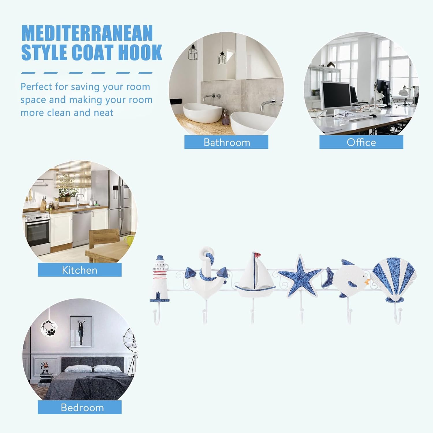 Wooden Mediterranean Style Decorative Coat Hooks 6-Hook Rack Ocean-Inspired Household Hangers for Entryway Wall Storage and Home Organization