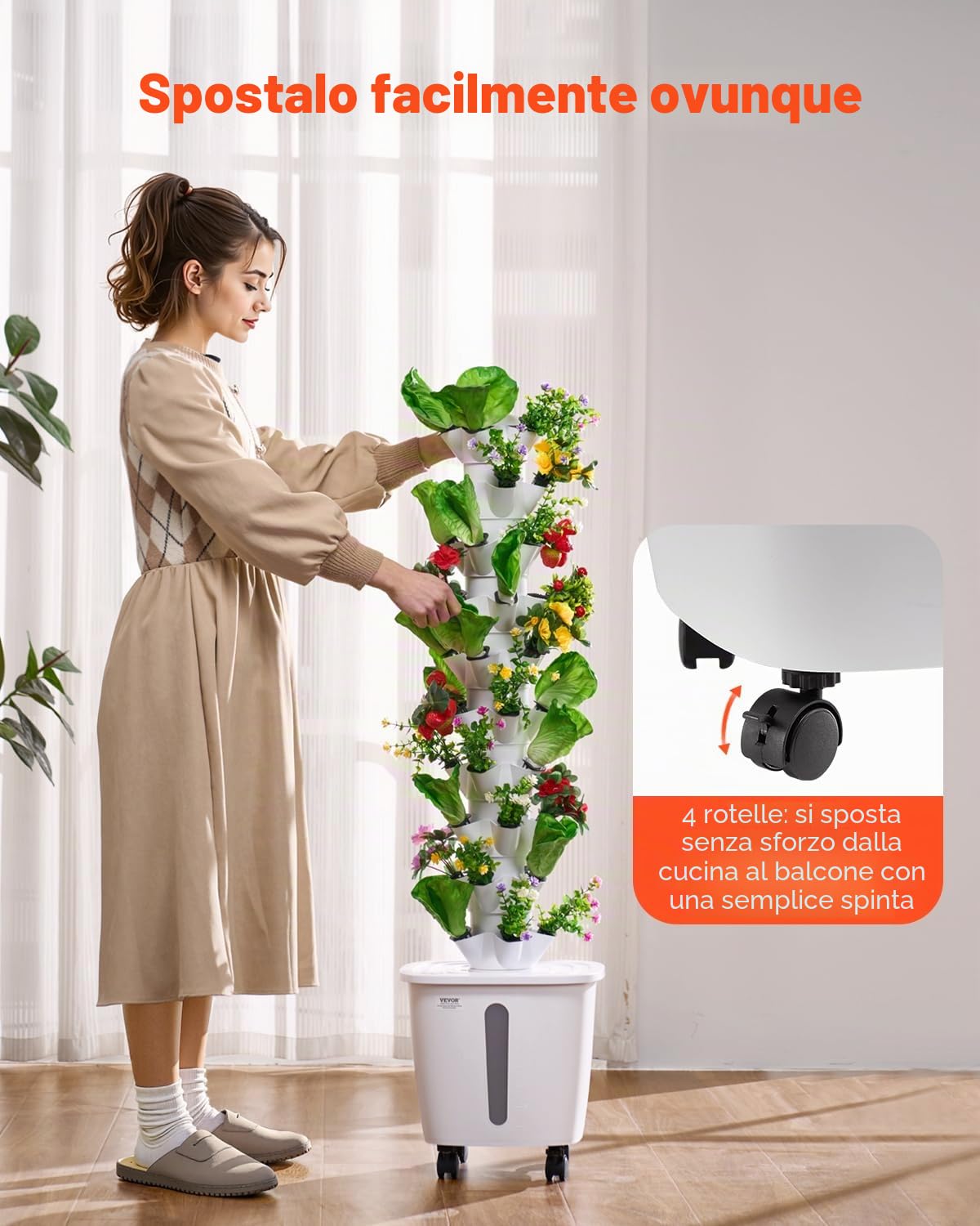 VEVOR Sistema di Coltivazione Idroponica, 50 Baccelli Verticali a 10 Livelli, Torre Idroponica Mobile con Pompa dell'Acqua e Ruote, Germinazione Interno, per Erbe Aromatiche Frutta Verdura
