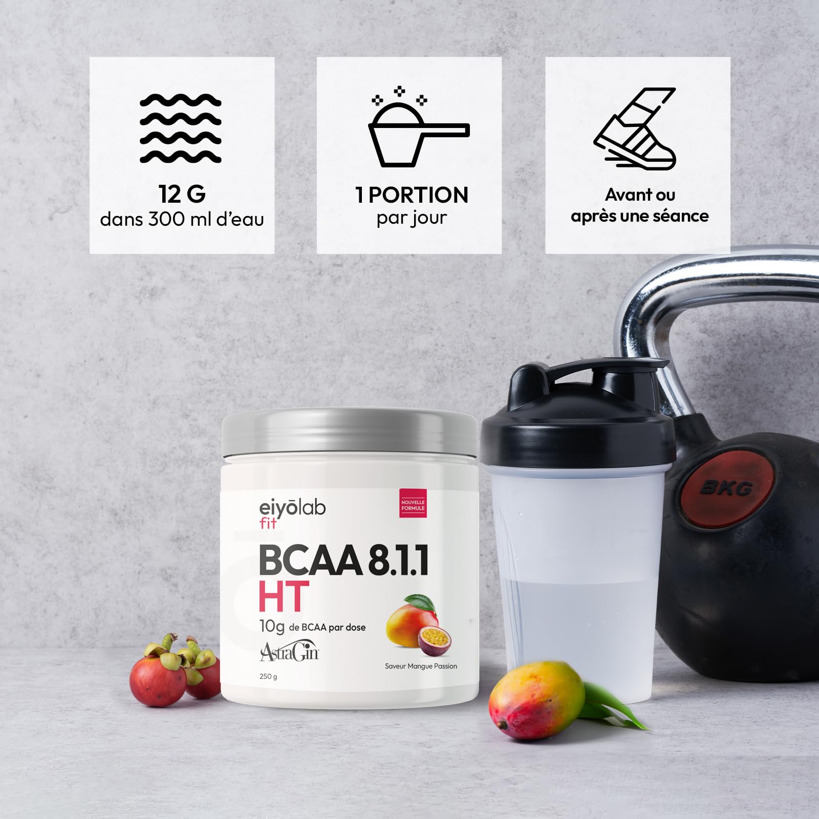 BCAA 8.1.1 | Acides Aminés en Poudre | 8g de Leucine + 1g de Citrulline & AstraGin® | Construction et Récupération Musculaire | Efficace Contre l’Acide Lactique | Mangue Passion 250g | Eiyolab