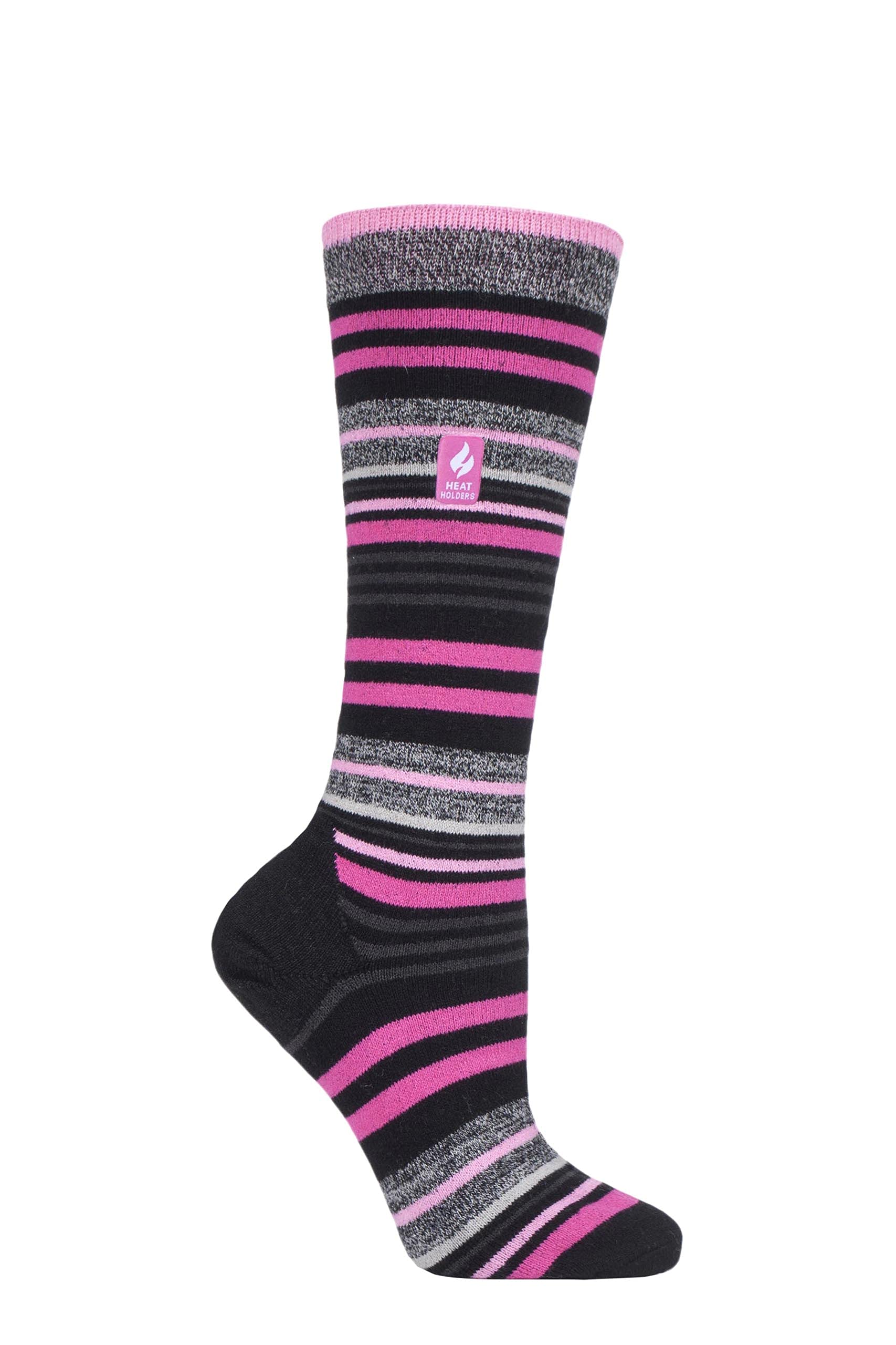 Ladies Ultra Lite Long Ski & Snow Sports Socks - Black & Pink Stripe