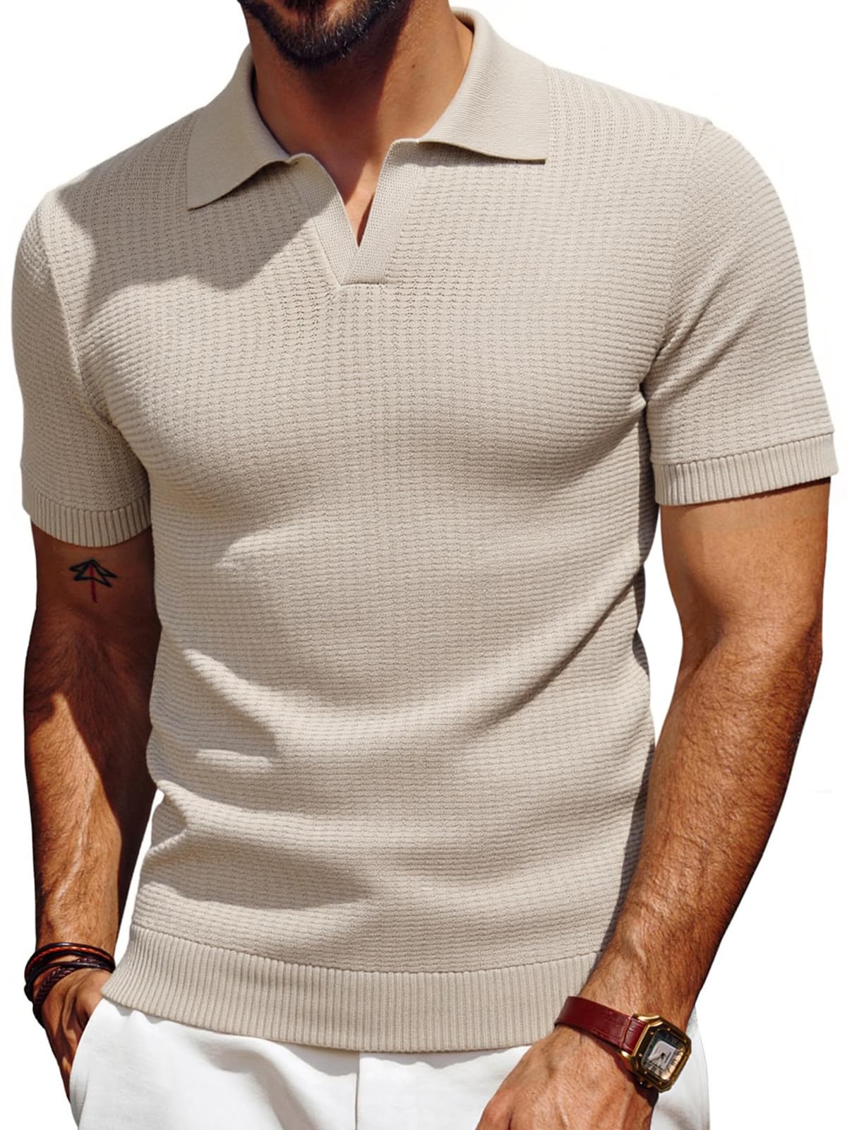 Les umes Herren Kurzarm-Polo-Shirts gestrickt V-Ausschnitt Tee Sommer Casual atmungsaktiv Poloshirts