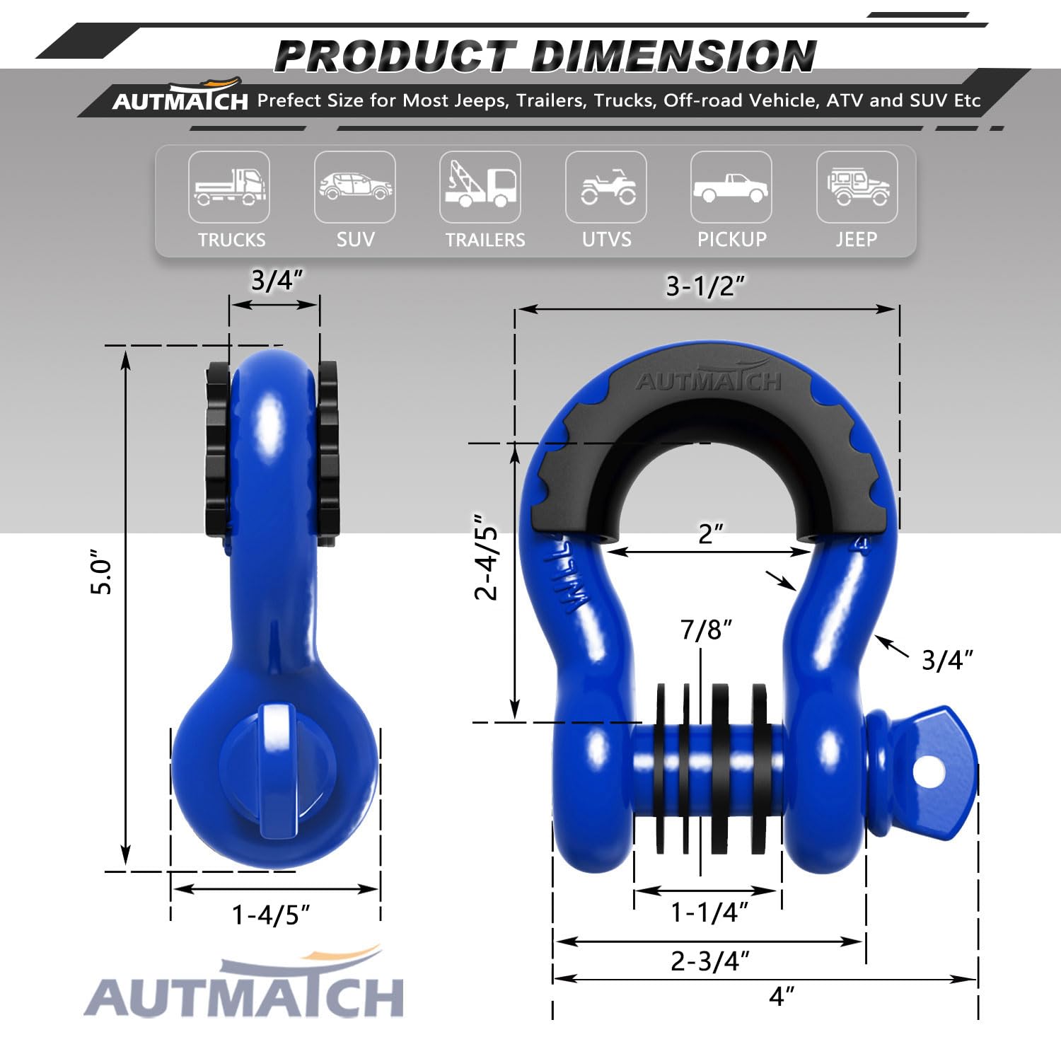 AUTMATCH Szekla D Ring 3/4" (2 szt.) 100 kg wytrzymałość na zerwanie z trzpieniem śrubowym 7/8" i podkładkami izolatora szekla do wciągarki z pasem holowniczym do odzyskiwania pojazdów terenowych niebieska