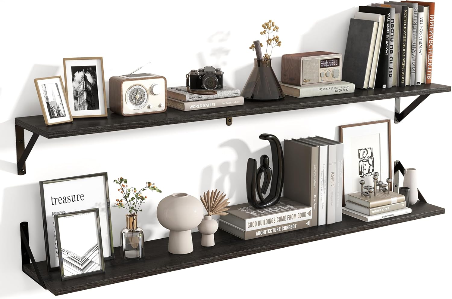 Axeman Black Floating Shelves for Wall 47.3 Inch | 47.3W x 8D Rustic Wood Floating Shelves Set of 2 | 8 Inch Deep Long Wall Shelves for Bathroom Kitchen Living Room | Bookshelf Display Shelves - Black 47.3Wx8Dx4.9H Black