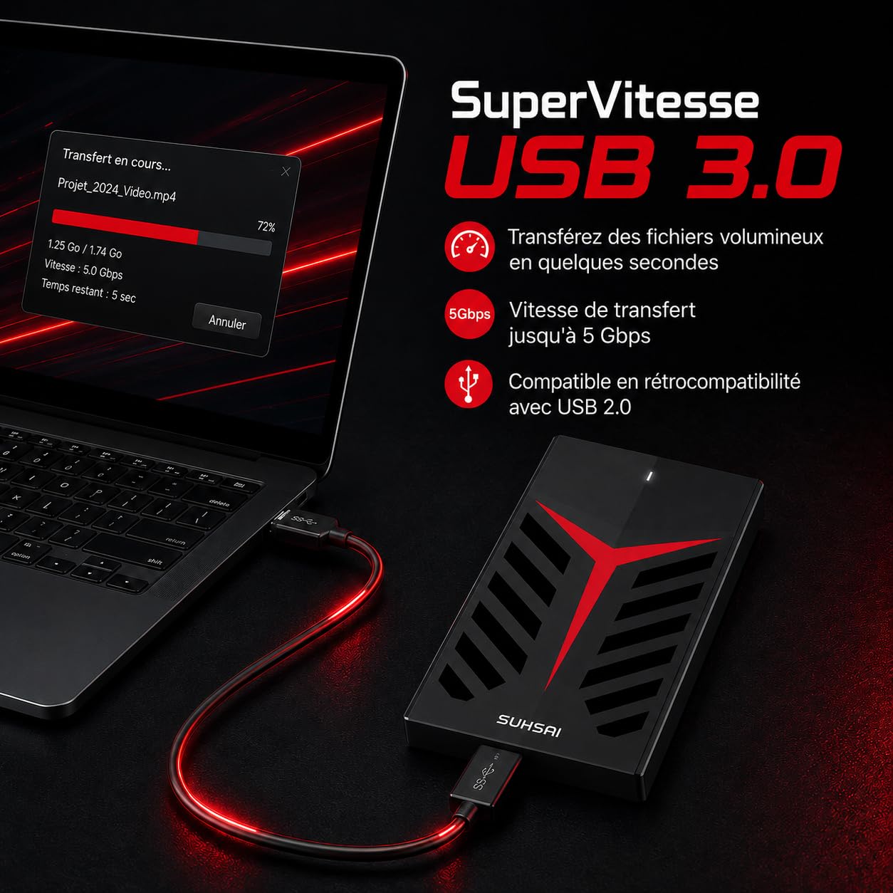 SUHSAI Disque Dur Externe 1 to USB 3.0, Disque mécanique pour Jeux