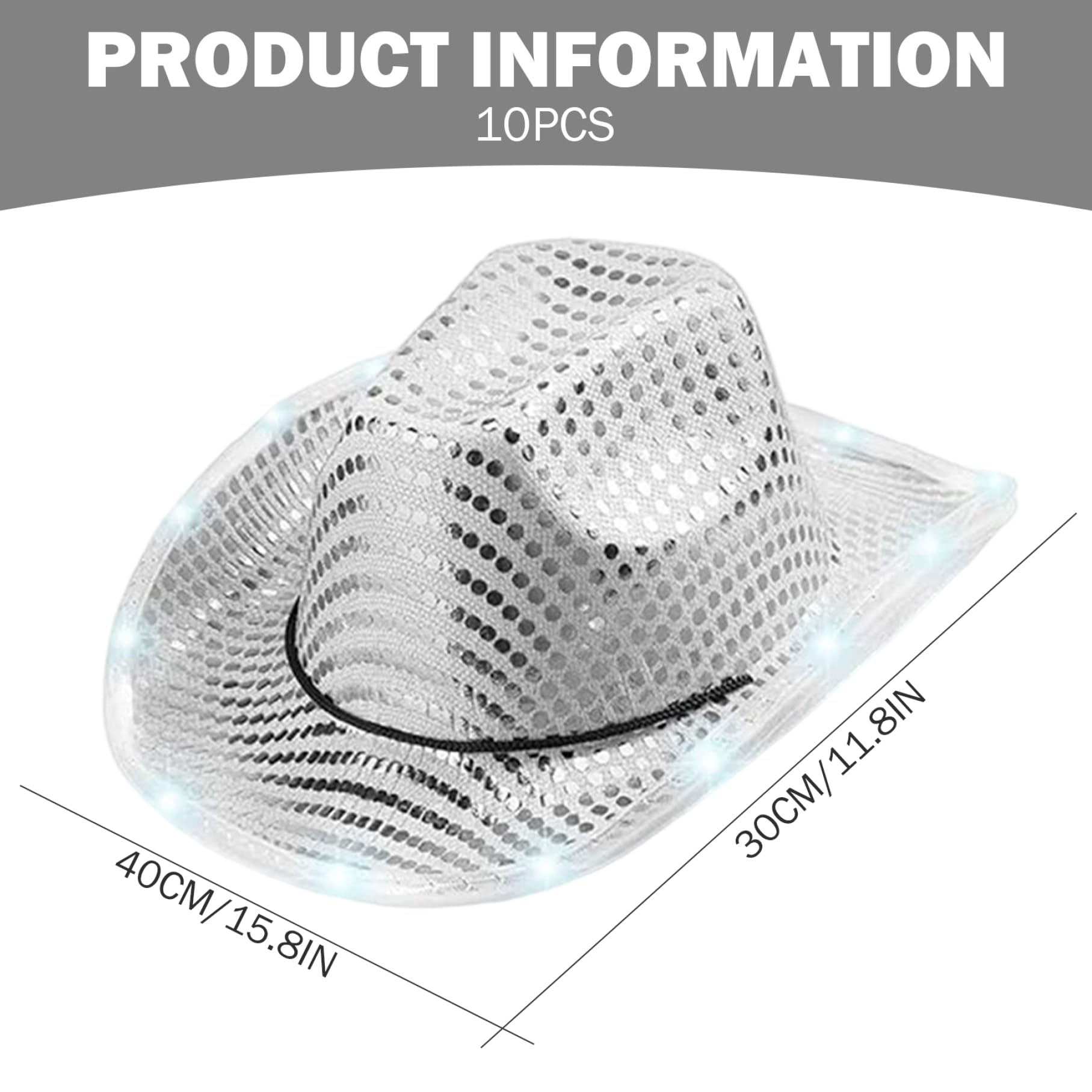 Jorzer Sombrero de vaquero iluminado, 10 piezas LED plateado, sombrero de vaquero con lentejuelas de discoteca, juego de rol de vaquera para fiesta de bodas.