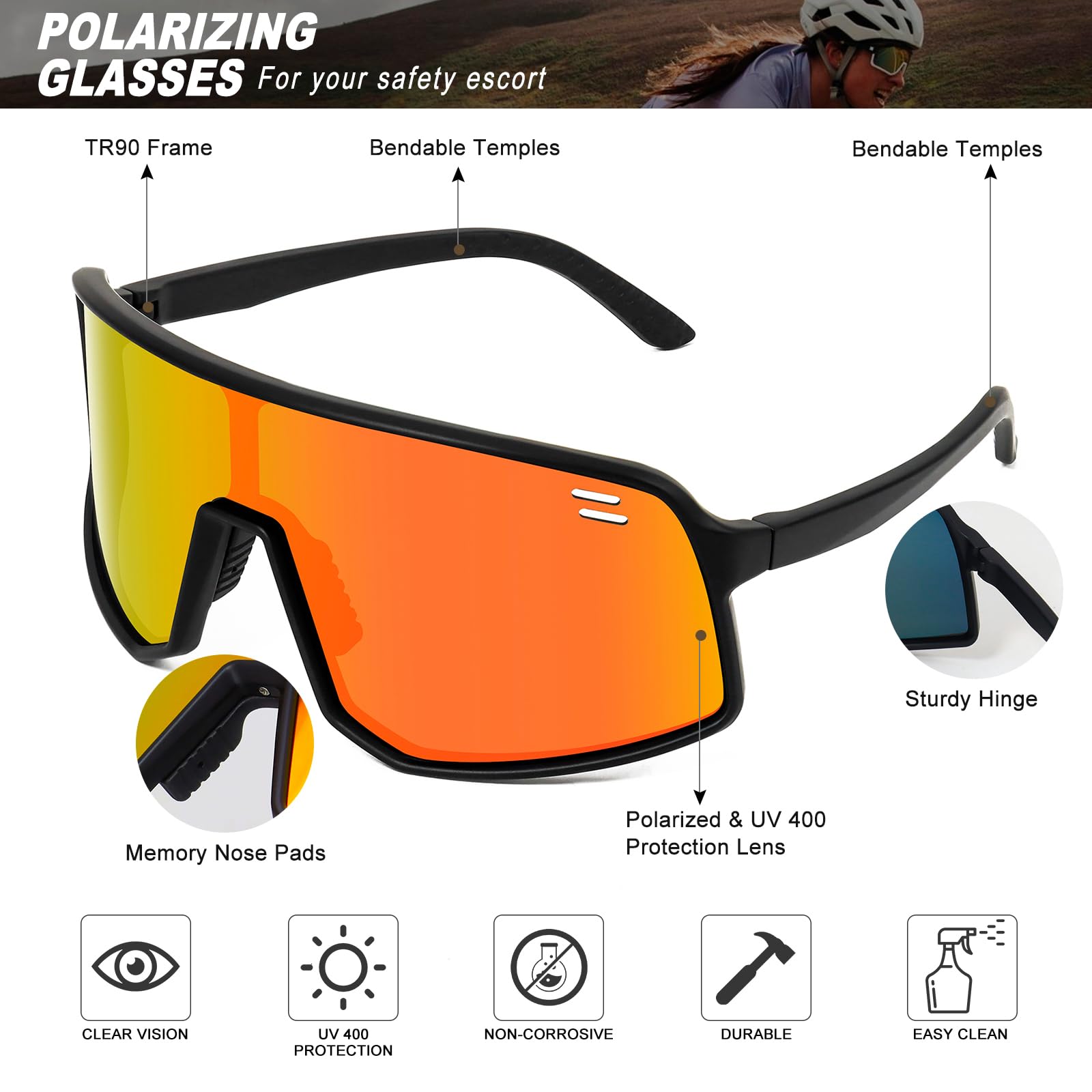 Lunettes de cyclisme polarisées pour homme et femme, protection UV400, VTT, pêche, course à pied, baseball