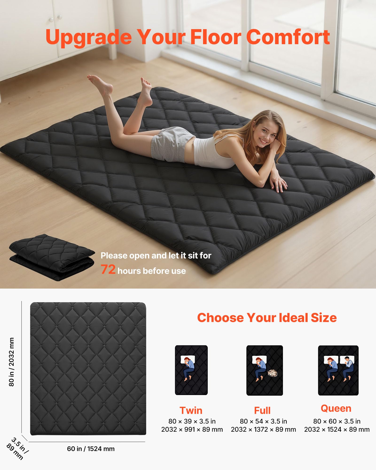 VEVOR 9-warstwowy japoński materac futon, grubość 8,9 cm, mata, składany zwijany materac do spania, z torbą do przechowywania, przenośny materac podłogowy, na kemping, do akademika, jogi, czarny