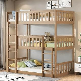SOFTSEA Triple Twin Bunk Bed for Kids, Wood Detachable Bunk Beds with Guardrails & Ladders, Twin Over Twin Over Twin Bed Frame for Kids Girls Boys Teens, Natural