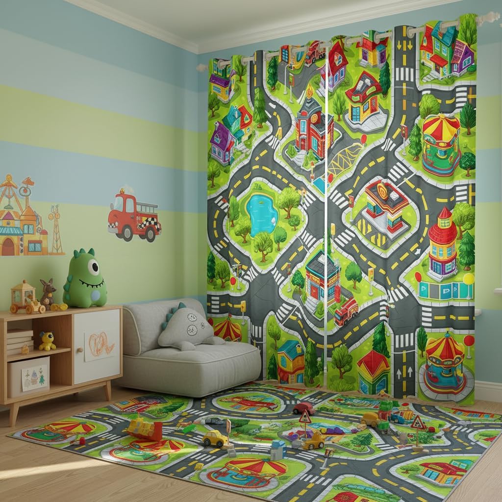 Manfei City Traffic Map Blackout Curtains Crossroad Fire Station Truck Window Drapes Kids Teens Amusement Tree Educational Window Treatments Grommet Top 2 Panel Set Curtains,38Wx45L Inch Green Black
