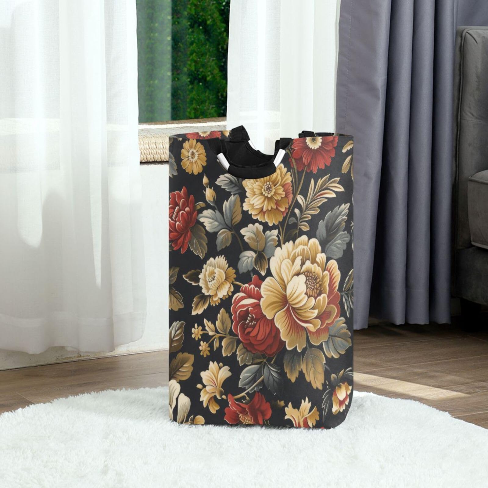 Jihqo Laundry Hamper Basket Vintage Blooming Flowers Collapsible Nursery Storage Bin Waterproof Clothing Baskets for Home Bedroom Bathroom Washing Room