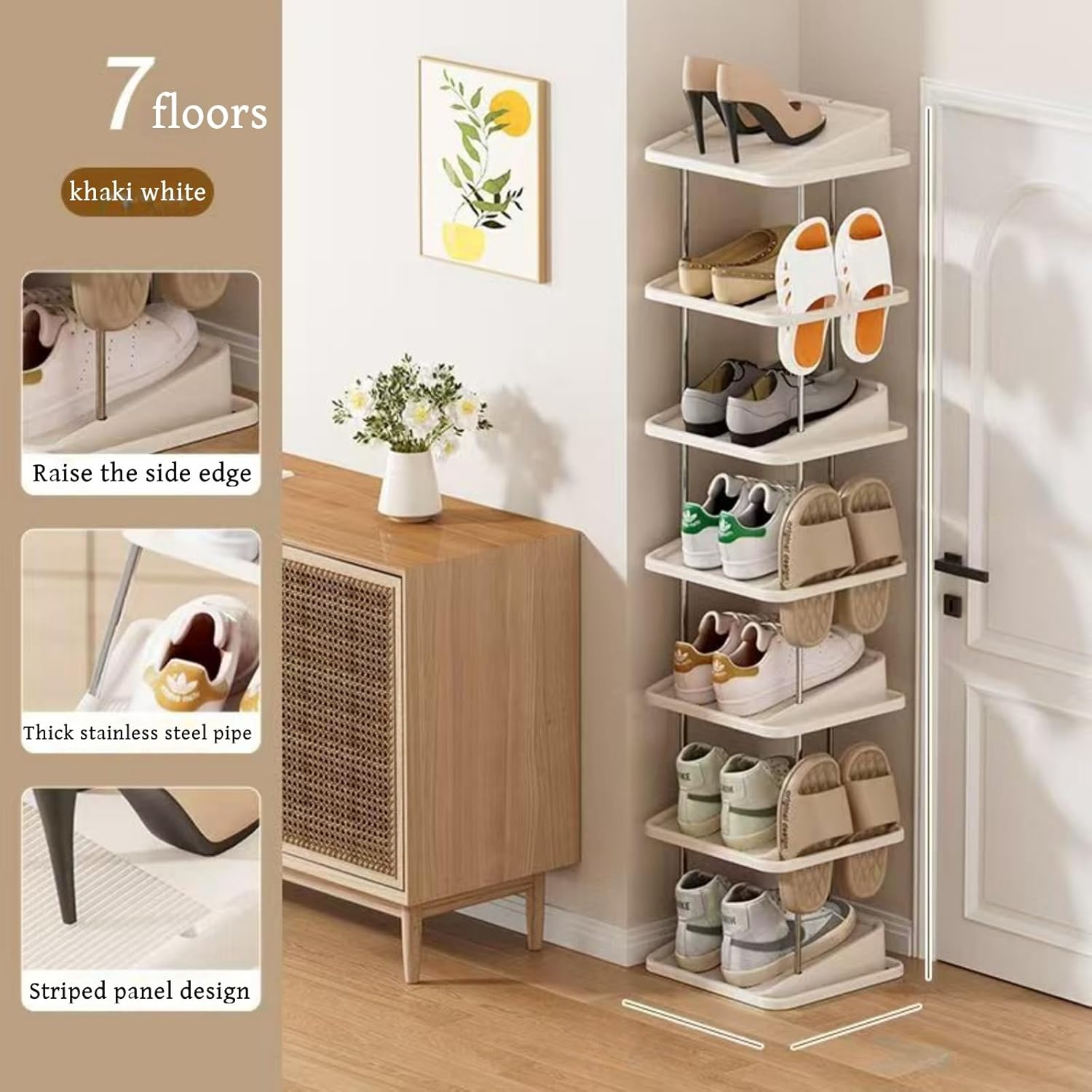 Vertical Shoe Rack,7 Tiers Stackable Shoe Rack for 14 Pairs,Narrow Shoe Tower,Space Saving,for Entryway,Living Room,Bedroom,Closet,DIY Free Standing Shoe Organizer(Khaki,7 Tiers)
