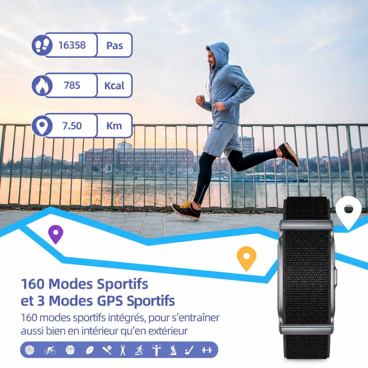 Fitness Tracker​, IP68 Bracelet Santé Connectée Femme Homme