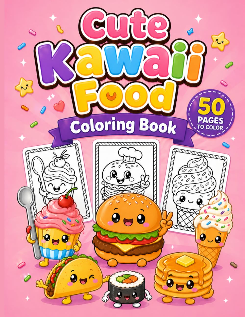 Cute Kawaii Food Coloring Book: Adorable Smiling Pizza, Burgers, Sushi, Ice Cream, Donuts, and Cute Food Characters for Kids and Adults