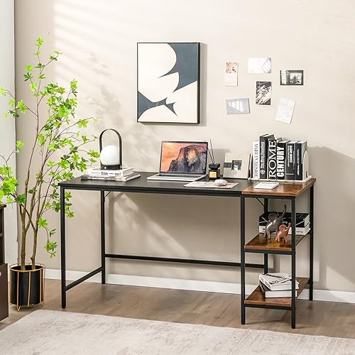 Miniatura 8 de Escritorio multifuncional para computadora, escritorio de estudio industrial con estante de almacenamiento extraíble, marco de metal resistente,