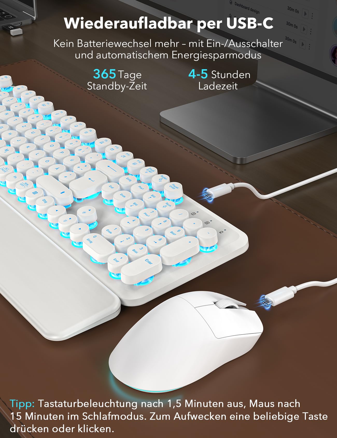 Sablute Tastatur Maus Set Kabellos QWERTZ mit beleuchteten Rundtasten | 105 Tasten, 7 Lichtfarben, magnetische Handballenauflage, USB-C aufladbar, 2,4 GHz USB Empfänger, 6-Tasten-Maus
