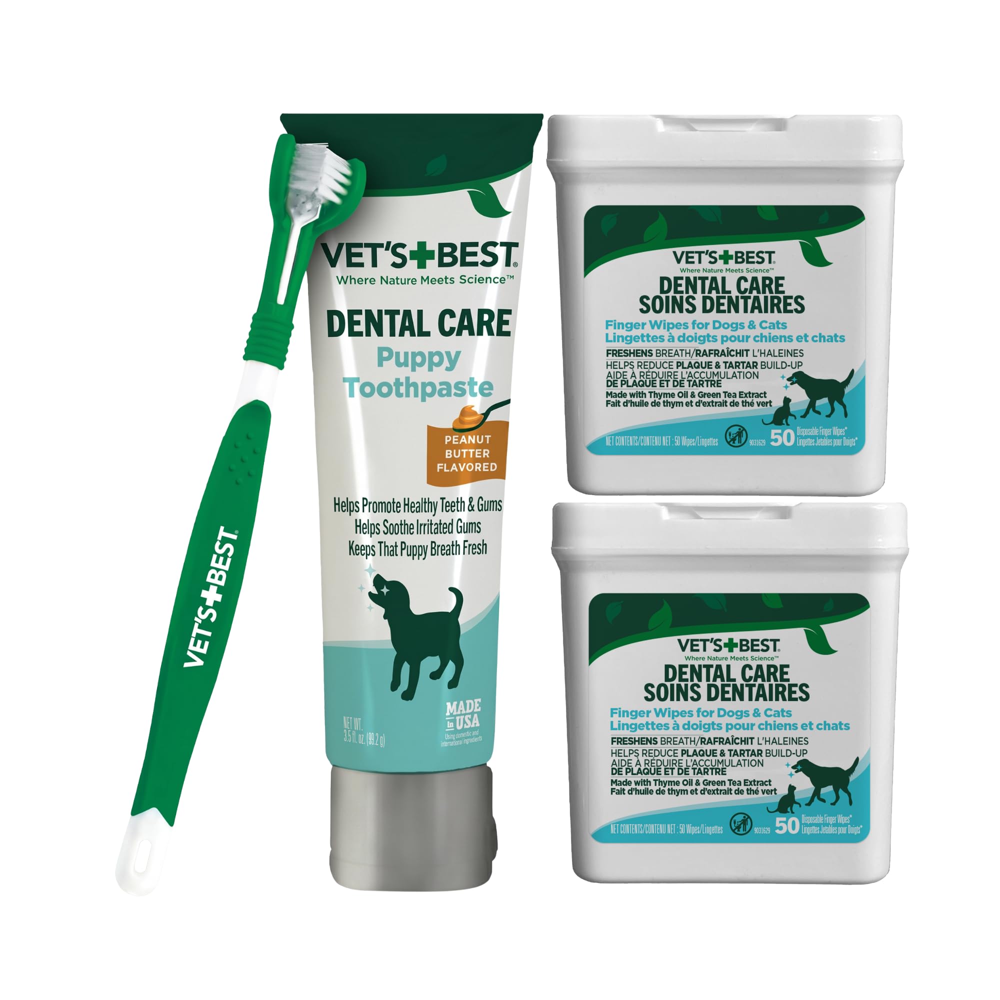Vet's Best Paquete de cuidado dental para cachorros para perros y gatos – Pasta de dientes enzimática de mantequilla de maní, cepillo de dientes para cachorros de triple cabeza y toallitas dentales