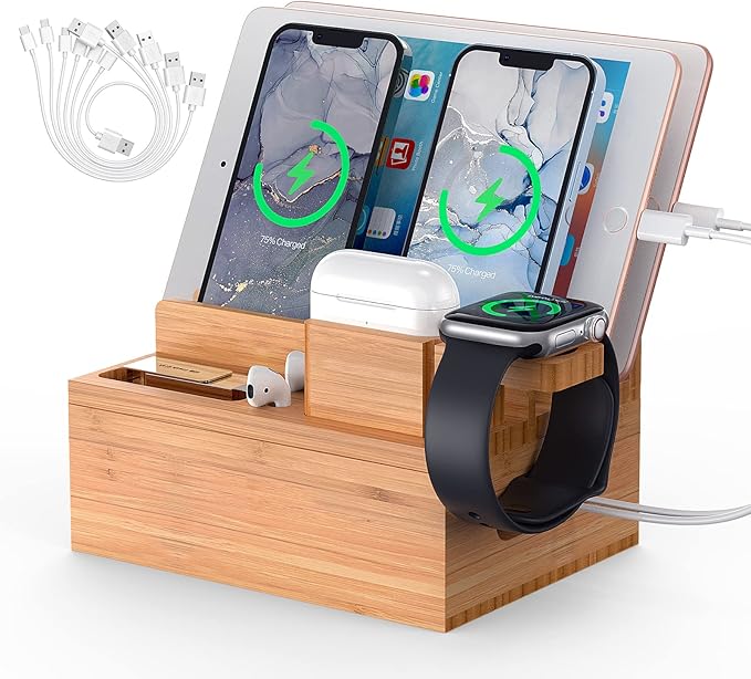Stylische Bambus Ladestation Mit 5 Anschlüssen - Magnetisch & Anti-Rutsch