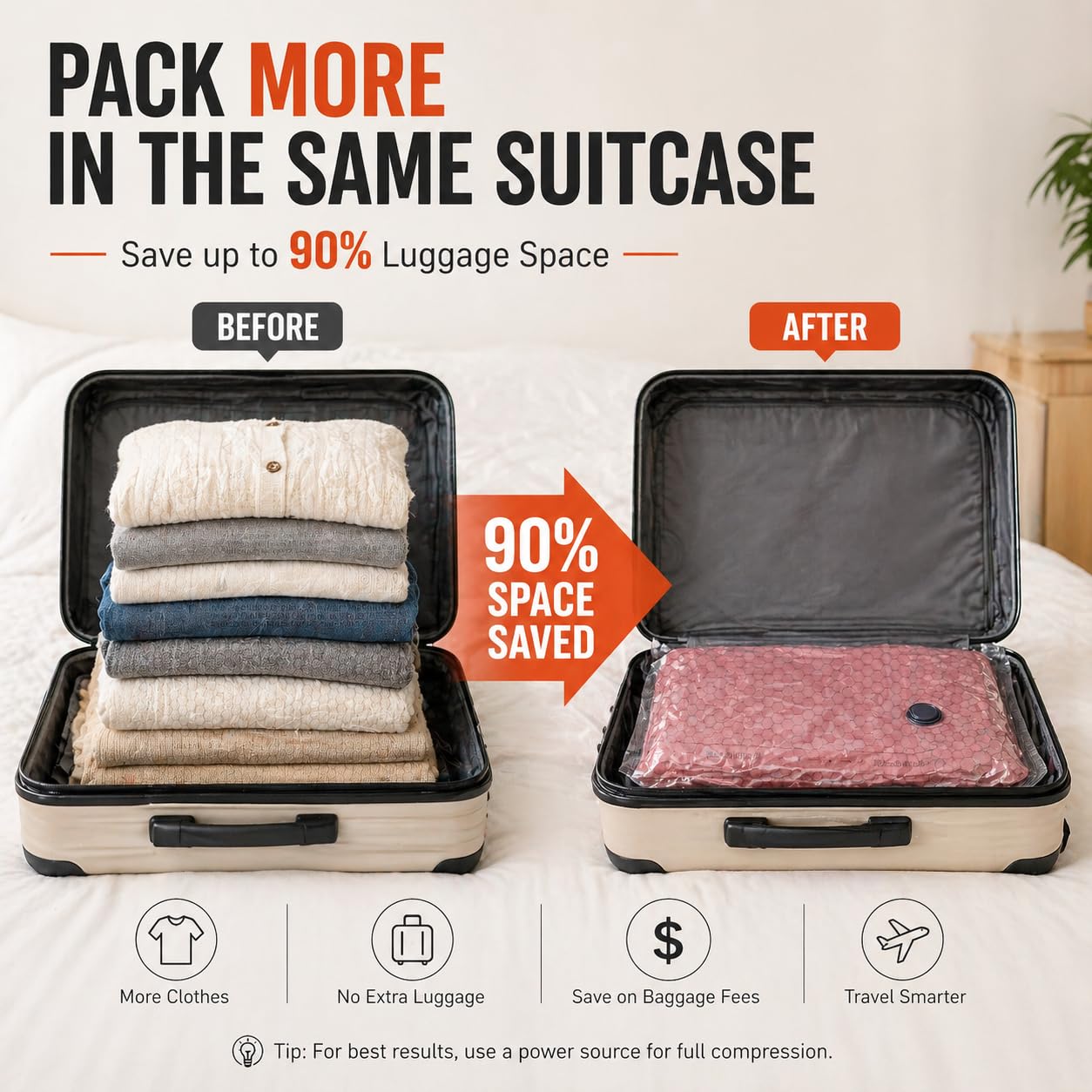 IDEATECH Paquete de 18 bolsas de almacenamiento al vacío de viaje con bomba USB, bolsas de embalaje de compresión de tamaño de mano, bolsas de sellado al vacío reutilizables para ropa, equipaje y