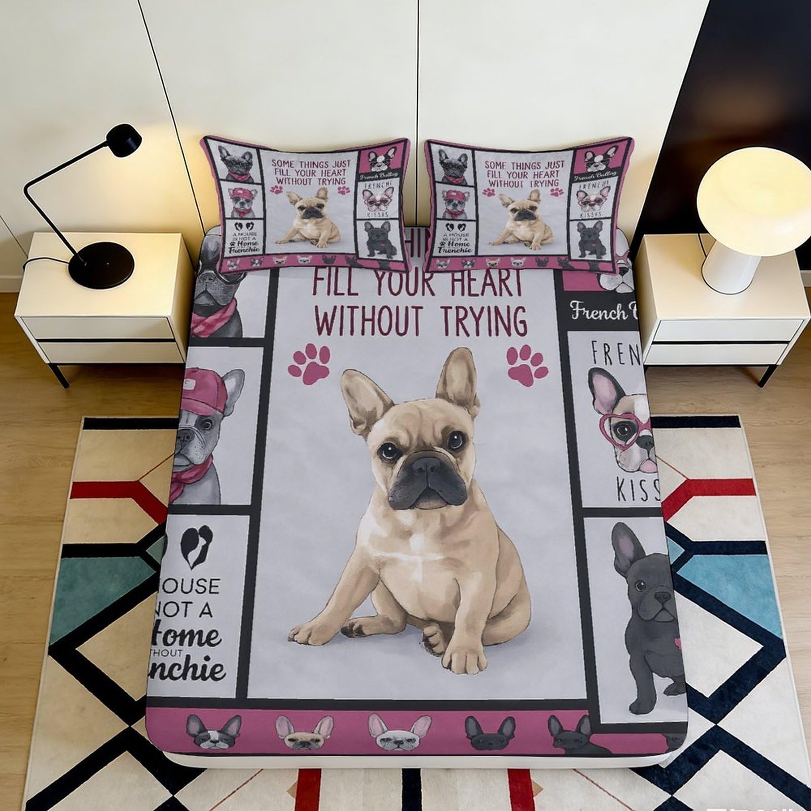 3D Printed French Bulldog Fitted Sheet Microfiber Soft Breathable Dog Pattern Bed Cover for Bedroom Dormitory Guest Room Mattress Protection Decor 140x200x25cm