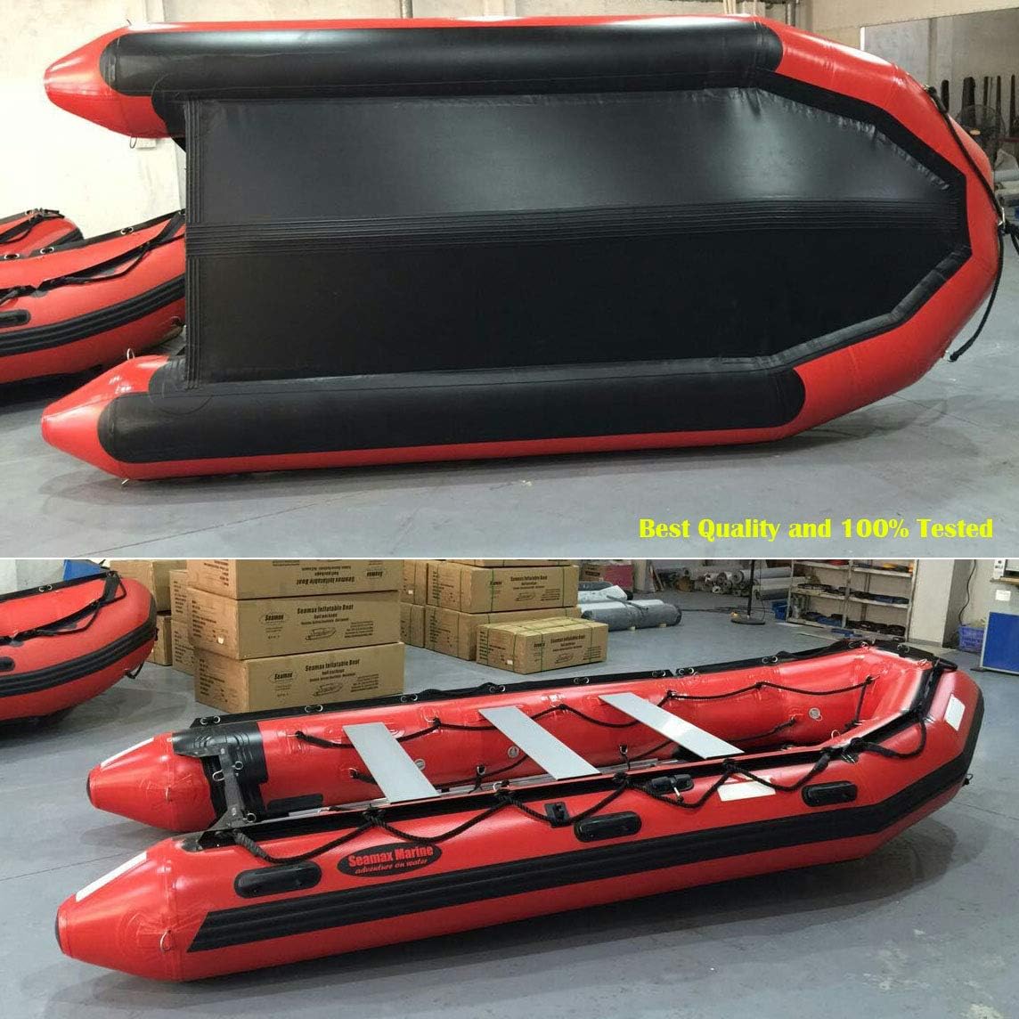 Seamax Ocean430T Commercial Grade Inflatable Boat, 14ft. x 6.4ft, 5 Pontoon Chambers, Aluminum Floor, V Bottom, Max Support 35HP Motor, Coast Guard Standard Reflective Tapes, Multi-Purpose (Red)