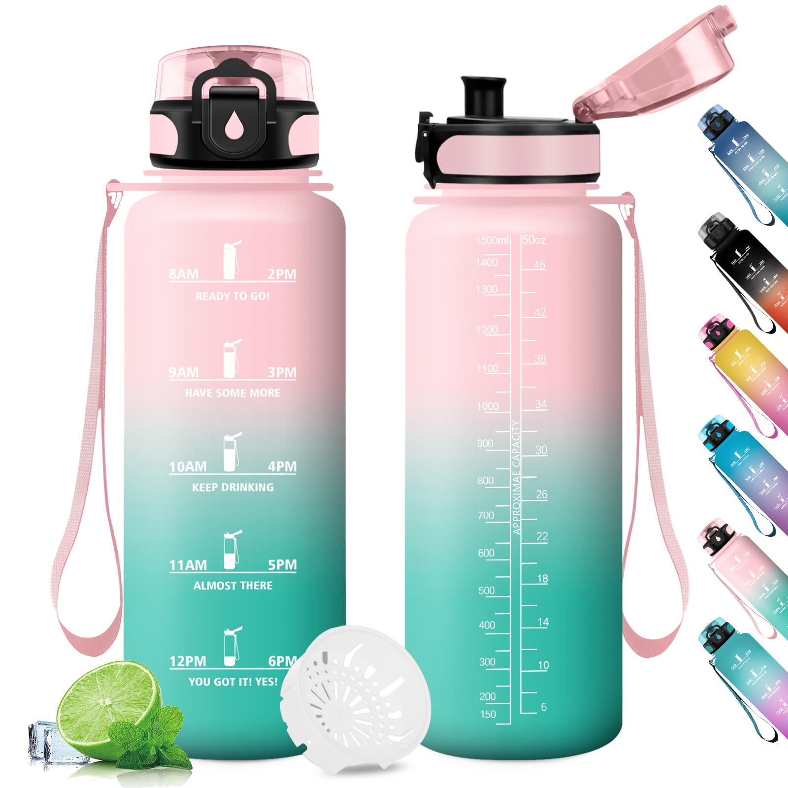 Wasserflasche Sport 1.5L, Motivierende Trinkflasche mit Zeitmarkierung, Auslaufsicher Wasserflasche mit Filter, Kohlensäure Geeignet, Sportflasche für Gym, Fitness, Büro, Schule, Yoga, Outdoor