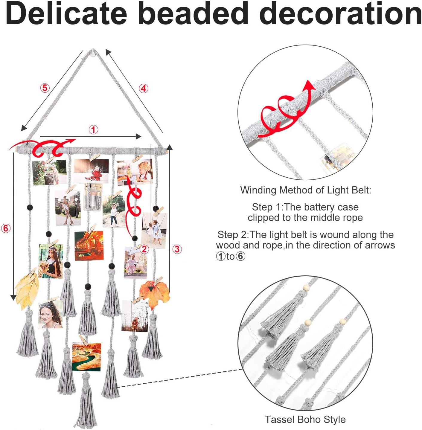HOMECOR Hanging Photo Display Macrame Wall Decor, Picture Frames Collage Board with Remote Control Light and 30 Clips, Boho Gift Home Decor for Dorm Bedroom (Gray)