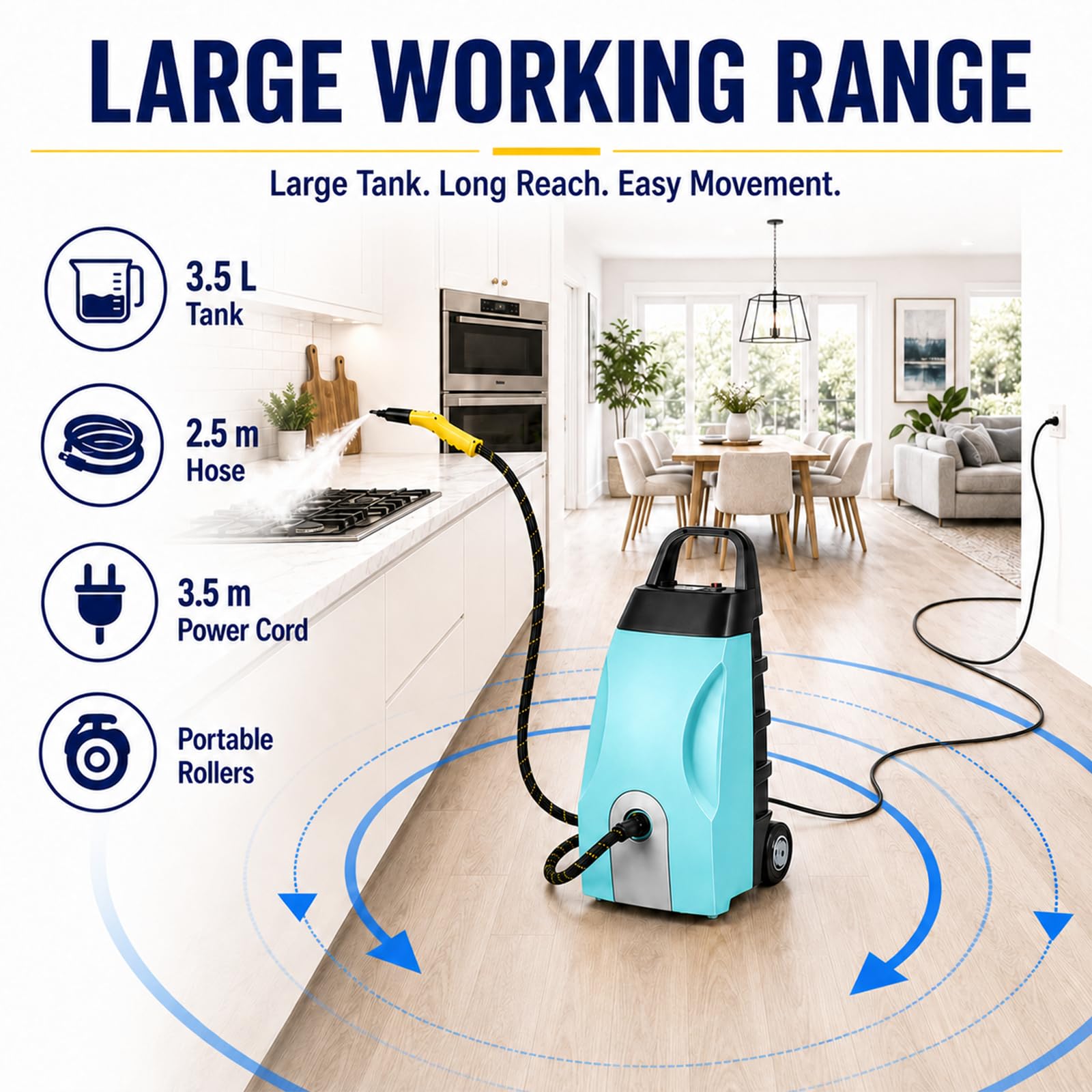 Komercyjna Myjka Parowa 3000W z Dużym Zbiornikiem 3,5L Blue | Zbiornik 3,5L i Gorąca Para 4-5 Bar do Samochodów, Kuchni Profesjonalnych, Urządzeń, Warsztatów, Podłóg i Płytek