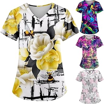 OIOLOYJM Printed Scrub Tops Women Short Sleeve V Neck Plus Size Scrubs for Womens Nursing Uniforms Shirts with Pockets