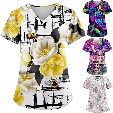 OIOLOYJM Printed Scrub Tops Women Short Sleeve V Neck Plus Size Scrubs for Womens Nursing Uniforms Shirts with Pockets