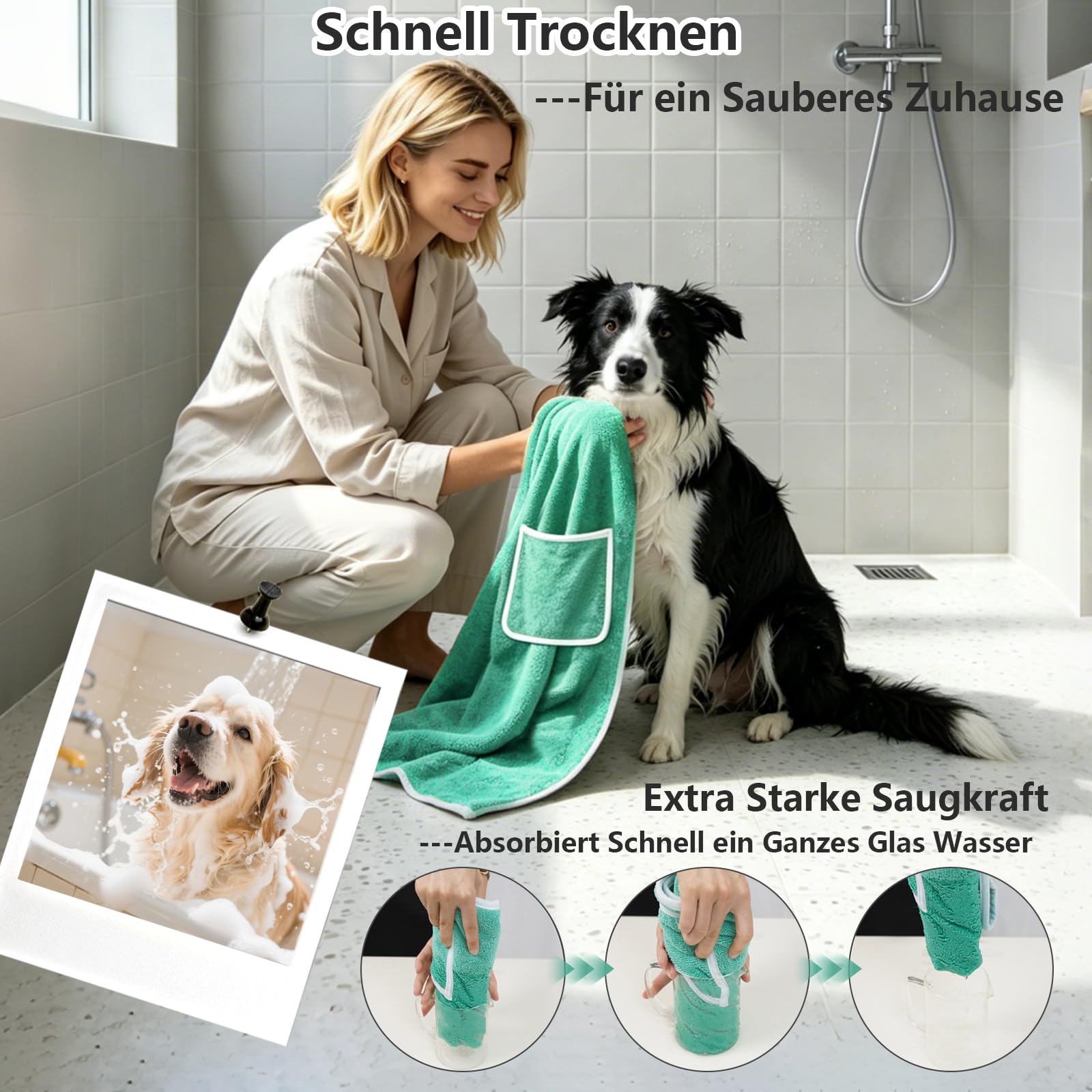 Hundebademantel Set mit Extra Großes Hundehandtuch und Aufbewahrungsbeutel, Stark Saugender Hundebademantel mit Verstellbarer Gürtel für Kleine, Mittlere und Große Hunde