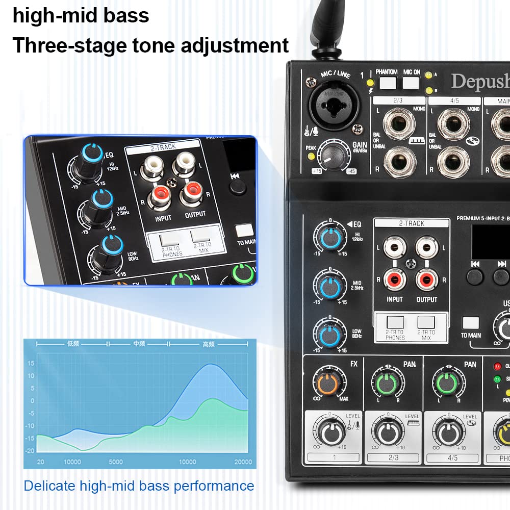 Depusheng Mixer audio professionale, mixer audio a 6 canali con doppio microfono wireless, console per scheda audio MP3 Bluetooth 48 V alimentazione phantom interfaccia USB mixer DJ