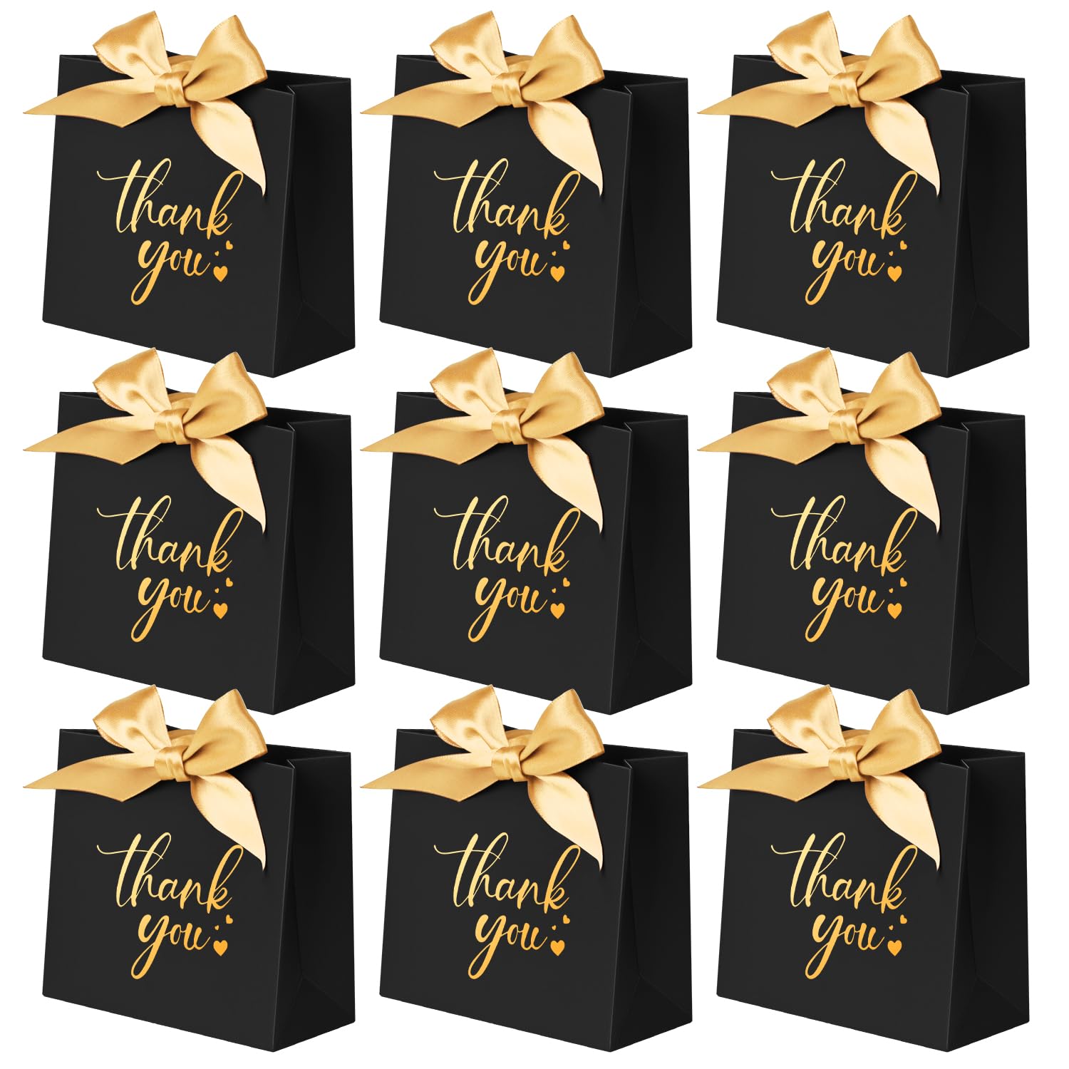 50 Pack Small Thank You Gift Bags, 4.5x1.8x3.9 Inches Party Favor Bags, Mini Black Thank You Bags with Ribbon, Wedding Candy Favor Boxes, Paper Gift