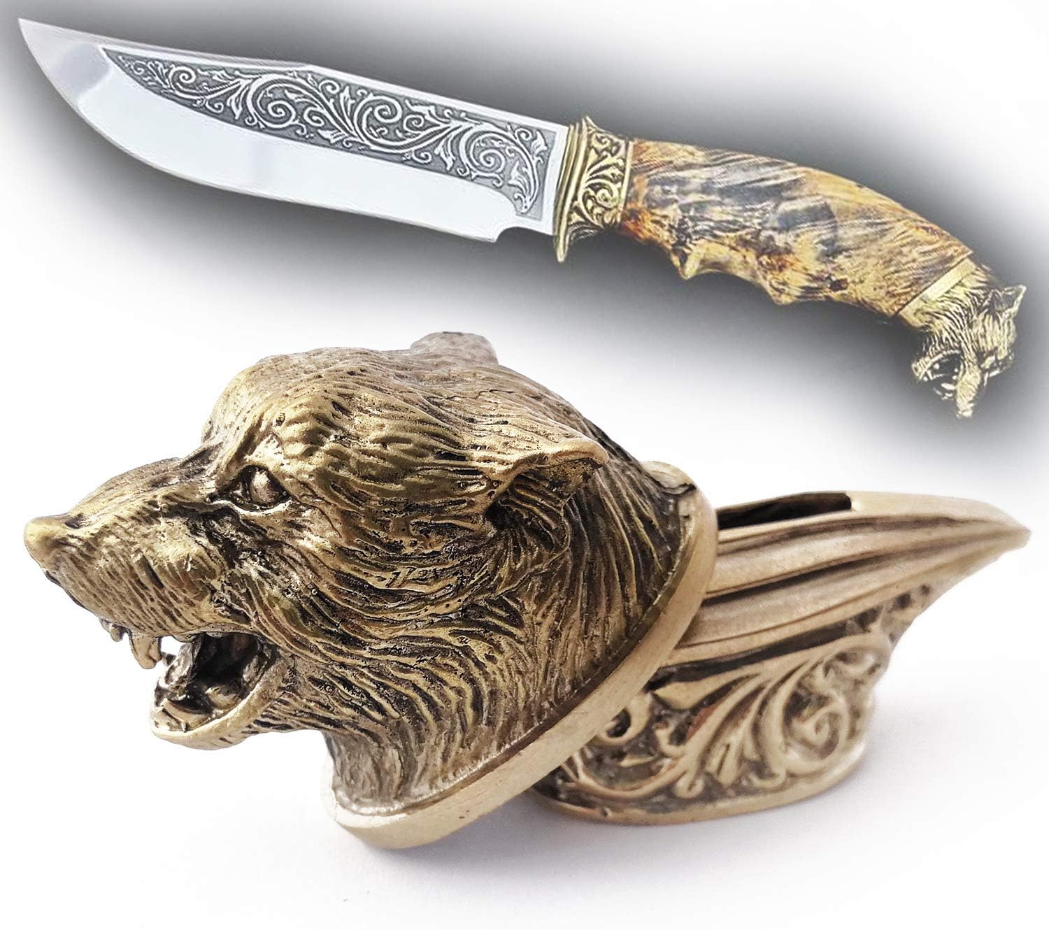 CooB Hunting Knife Finger Guard Bolster & Pommel Animals Set Wild Wolf for Custom Knife Knives Making Handle, DIY Hand-Casted Solid Metal Knife Supplier Accessories (Bronze)