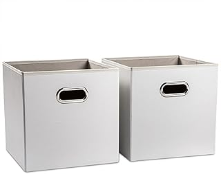 PRANDOM Leather Foldable Cube Storage Bins 13x13 inch [2-Pack] Fabric Storage Baskets Cubes Drawer with Cotton Handles Organizer for Shelves Toy Nursery Closet Bedroom Clothes White