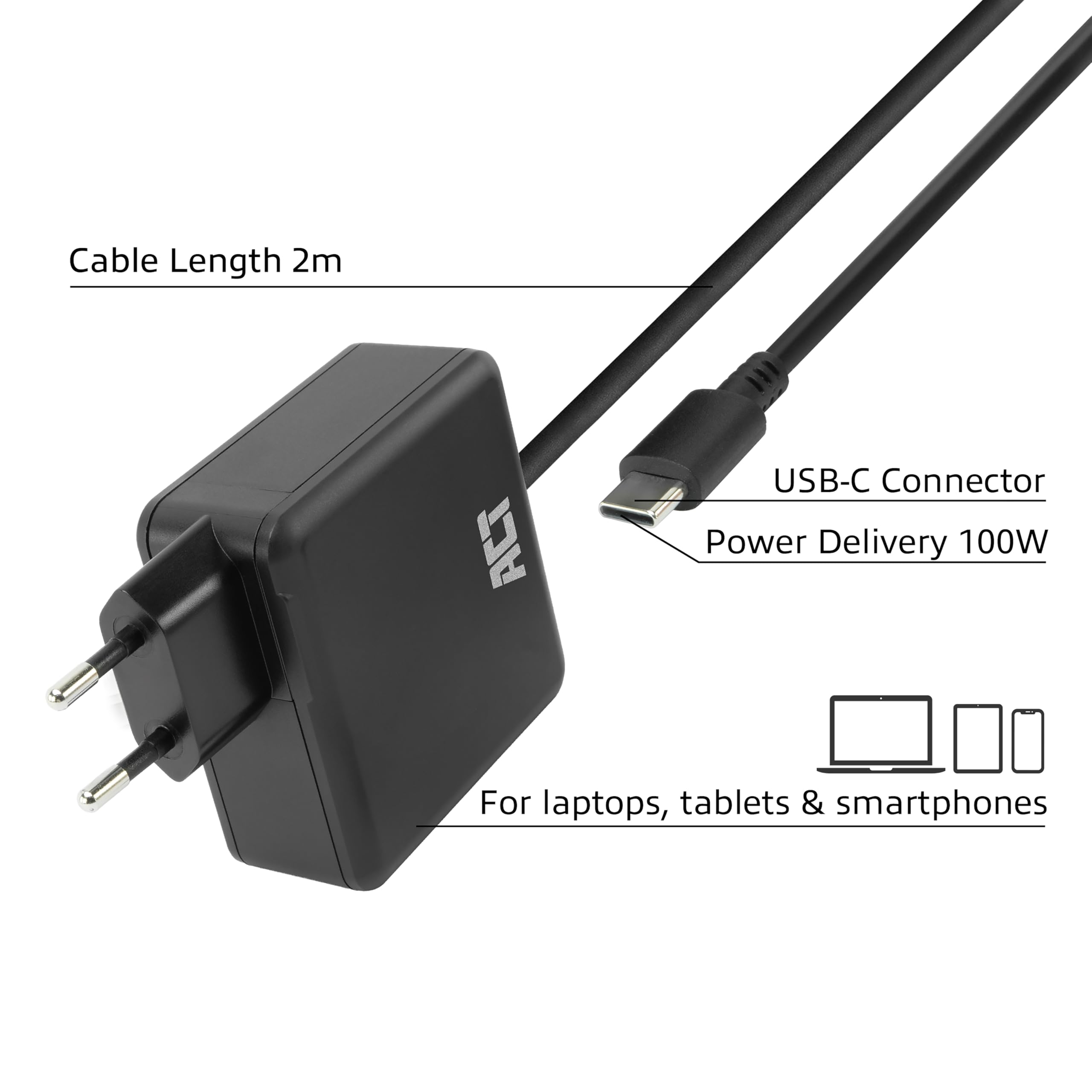 ACT Cavo di ricarica USB C per laptop, 100 W (PD 3.1/PPS) con cavo USB C fisso da 2 m, alimentatore di rete USB C per MacBook Air, Dell, HP, Lenovo, iPad, iPhone, Android (spina europea), AC2015