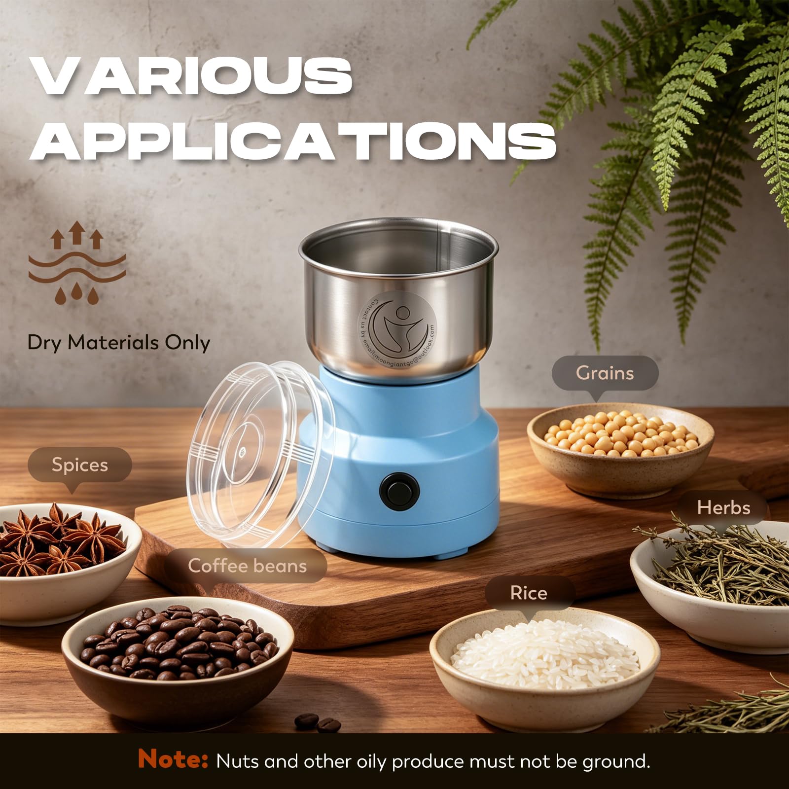 Moongiantgo Moulin à Céréales Multifonctionnel 150W 14500rpm, Moulin à Café Ultra-Fin, 300ml Broyeur à Épices Électrique Portable, Acier Inoxydable, Parfait pour Matières Sèches, Herbes, Café (Bleu)