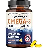Triple Strength Omega 3 Fish Oil 3600 mg | EPA & DHA | Over 2100mg Omega-3 Fatty Acids | 1300mg EPA + 860mg DHA | Best Essential Fatty Acids | Premium Wild Caught & Burpless Fish Oil | 180 Ct