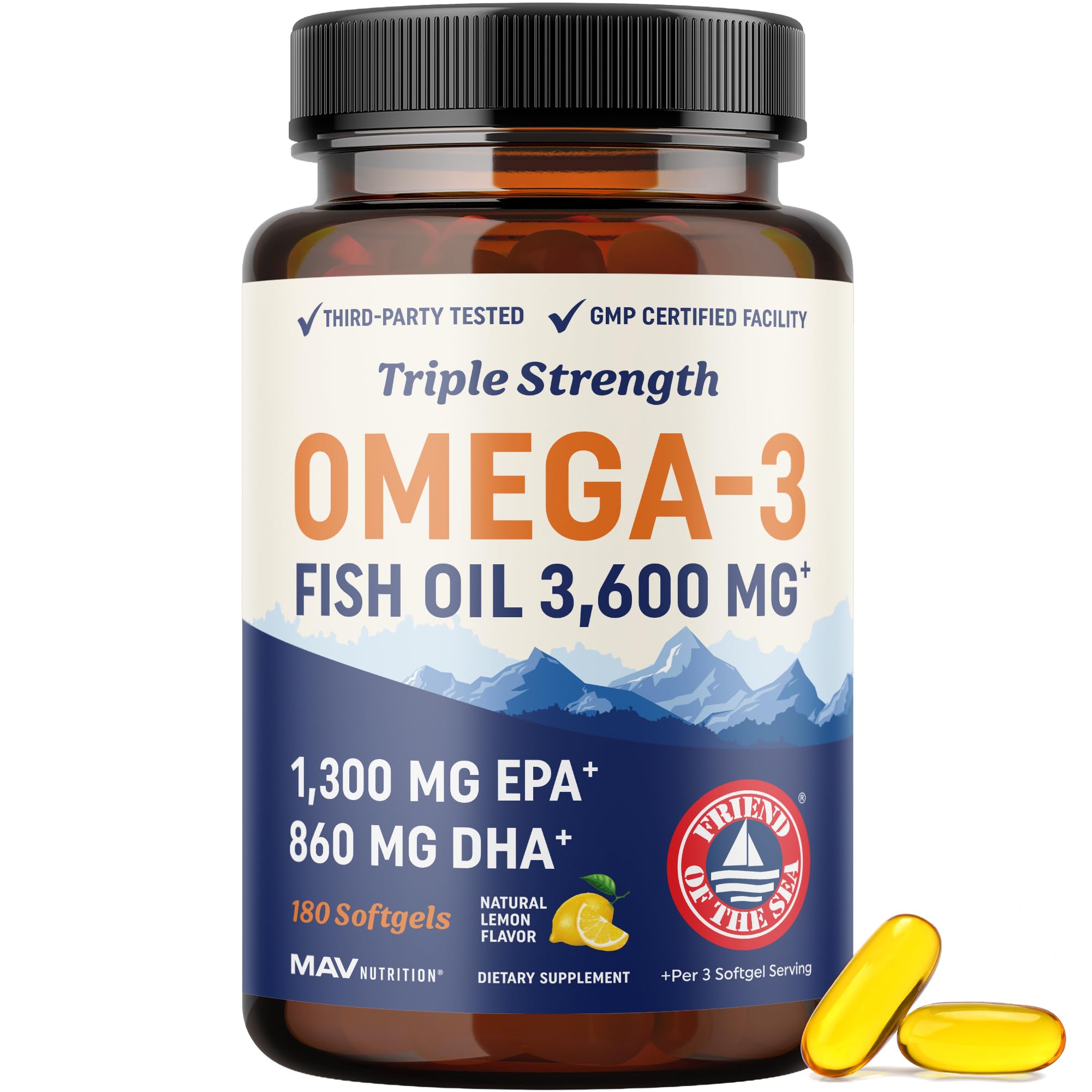 Triple Strength Omega 3 Fish Oil 3600 mg | EPA & DHA | Over 2100mg Omega-3 Fatty Acids | 1300mg EPA + 860mg DHA | Best Essential Fatty Acids | Premium Wild Caught & Burpless Fish Oil | 180 Ct