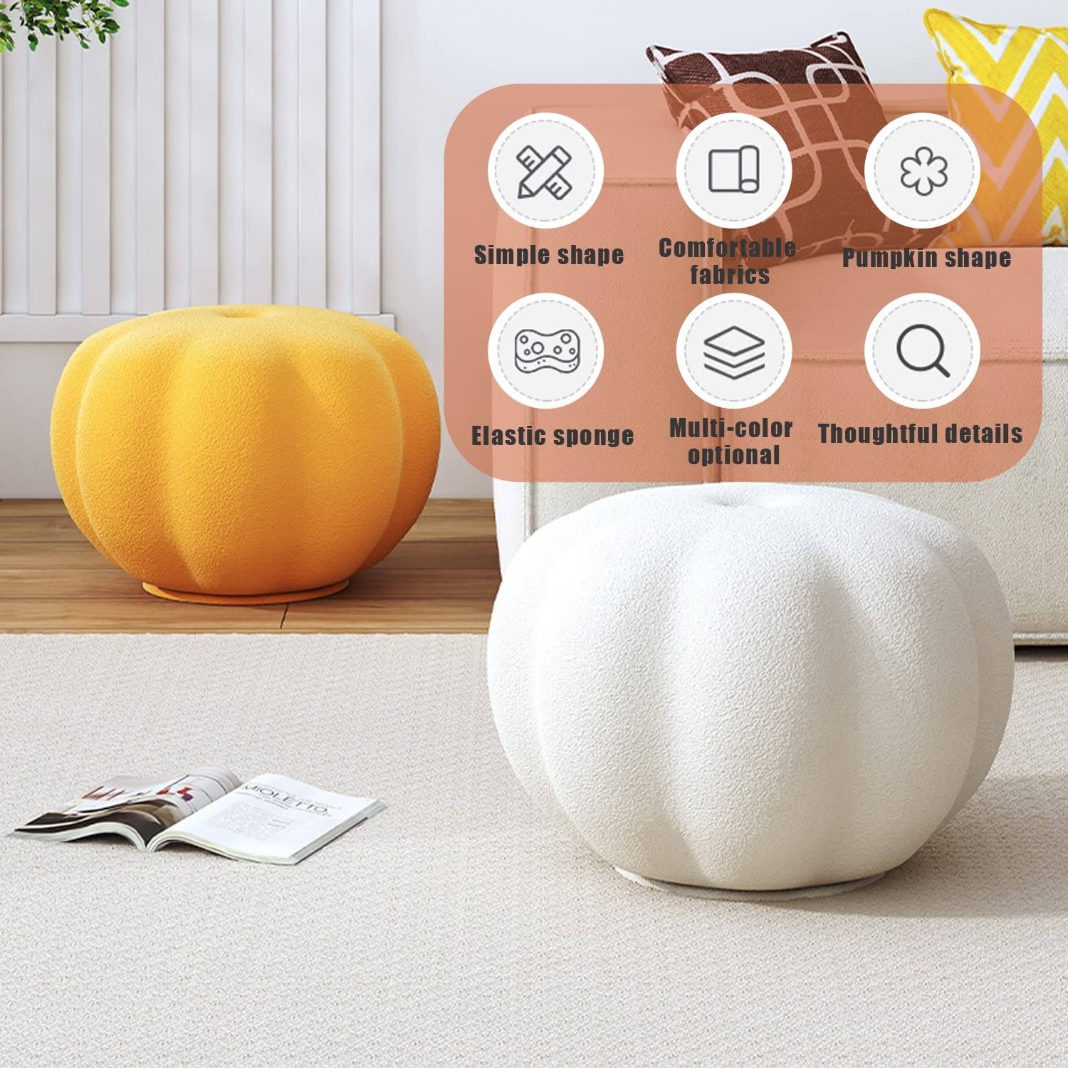 Poggiapiedi Ottomano Piccolo Con Cuscino Morbido - Legno Di Faggio - Rivestimento Arancione - 40x25x29 Cm - Foto 4