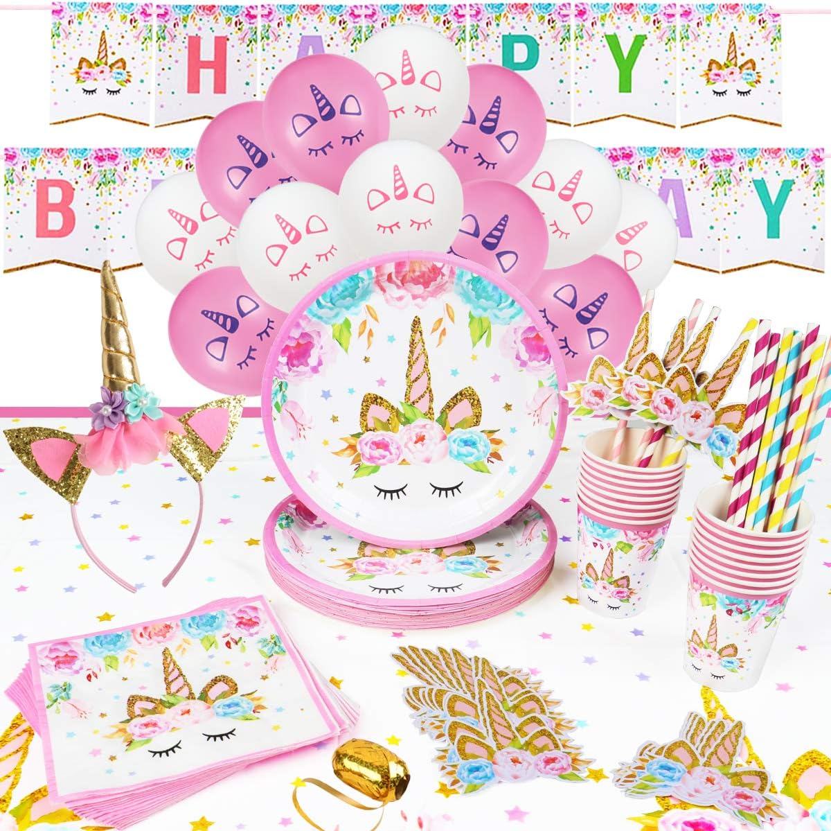 16 Guest Unicorn Party Supplies - Pink Unicorn Plates, Cups, Napkins, Tablecloth, Balloons, Banner, Headbands & Straws - Birthday Party Decorations for Girls