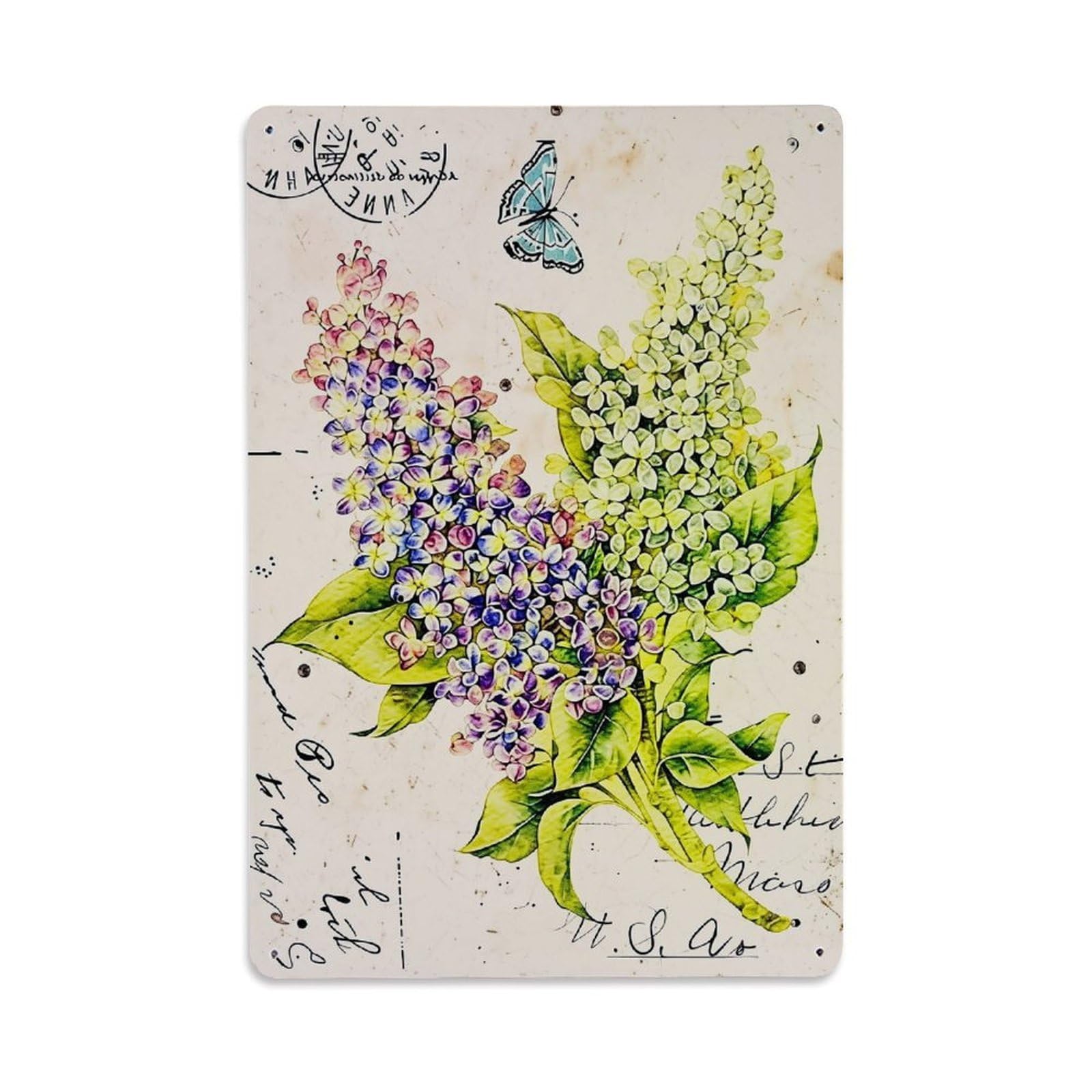 Jdyaojiesheng Vintage Lilac Flowers Butterfly Leaves Script Tin Sign Retro Metal Wall Decor Metal Poster, Home Bar Garage Farmhouse Cafe Wall Art Decoration 8X12inches
