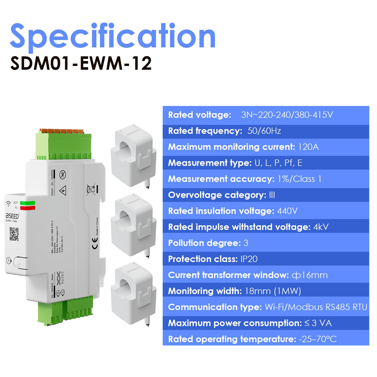 BSEED Medidor de electricidad inteligente trifásico, 120 A, con wifi para carril DIN, medición de consumo, Modbus RS485 RTU, control remoto por app, almacenamiento de datos y monitorización solar
