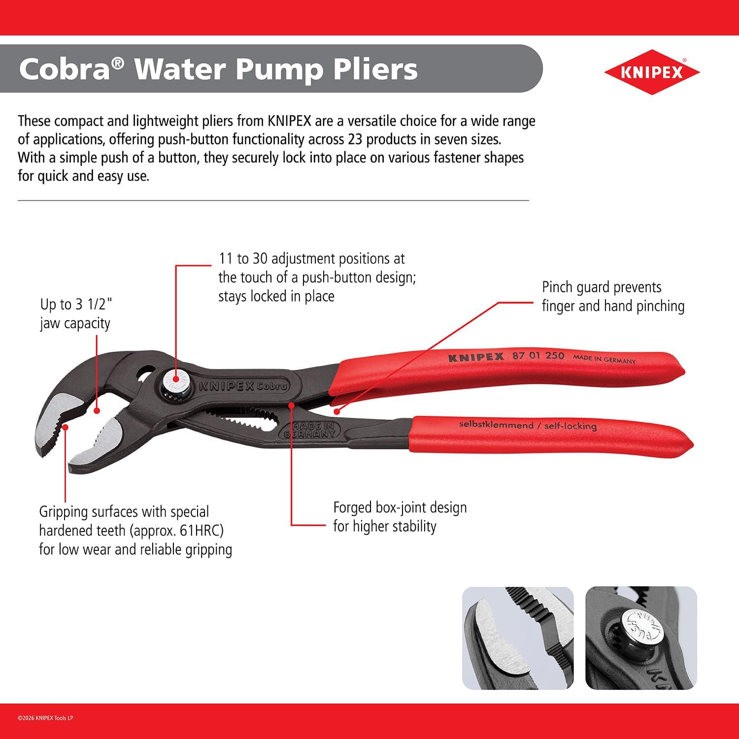KNIPEX Tools Cobra Water Pump Pliers, 7 1/4 inch, red
