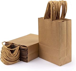 100Pcs Gift Bags 5.25" x 3.15" x 8" Brown Paper Bags with Handles Bulk, Paper Bags, Shopping Bags, Kraft Bags, Retail Bags, Party Bags for Christmas Birthday, Wedding, Baby Shower, Bridal Shower