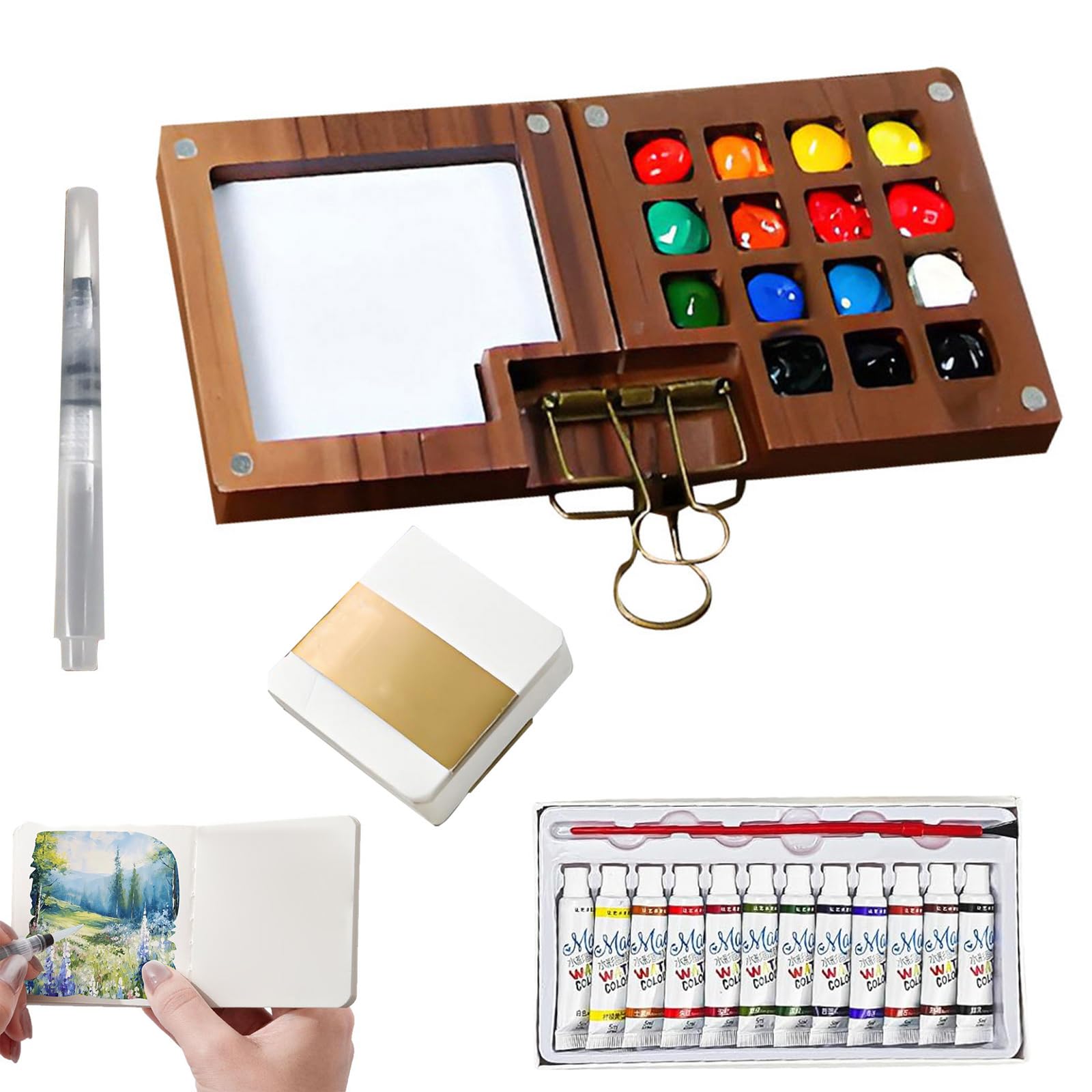 Kyno Walnut-15 Grids Tobios Mini Watercolour Paint Set, 15 Grids Travel Kit With Foldable Wooden Palette, Sketchbook, Brush, 5 Pieces (Walnut-15 Grids)