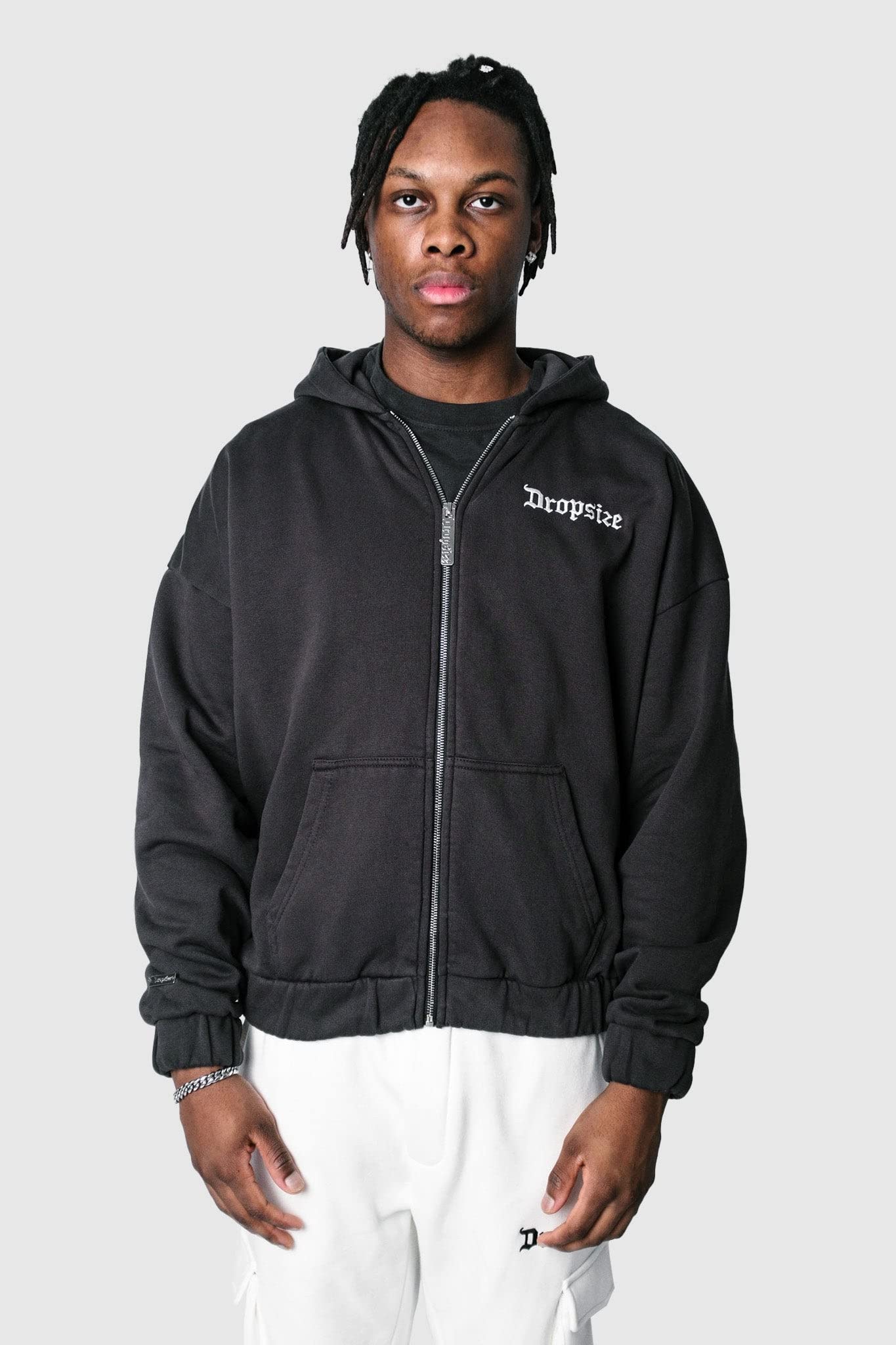 Dropsize Super Heavy Oversize Blank Zip Hoodie Washed Black, Urban Streetwear Oversize Zipper, 360 GSM Baumwolle, mit Kapuze, Herren Sweatjacke XL