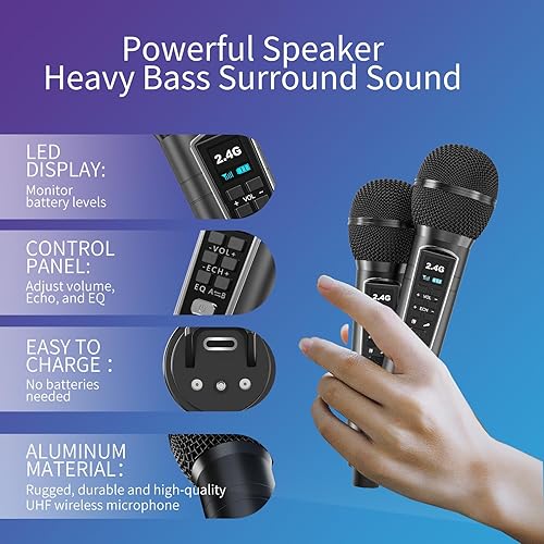Vista 4 de Karaoke Machine for Adults and Kids with 2 UHF Wireless Microphones,Portable Bluetooth Speaker PA Speaker System with LED Party Lights for Home Negro