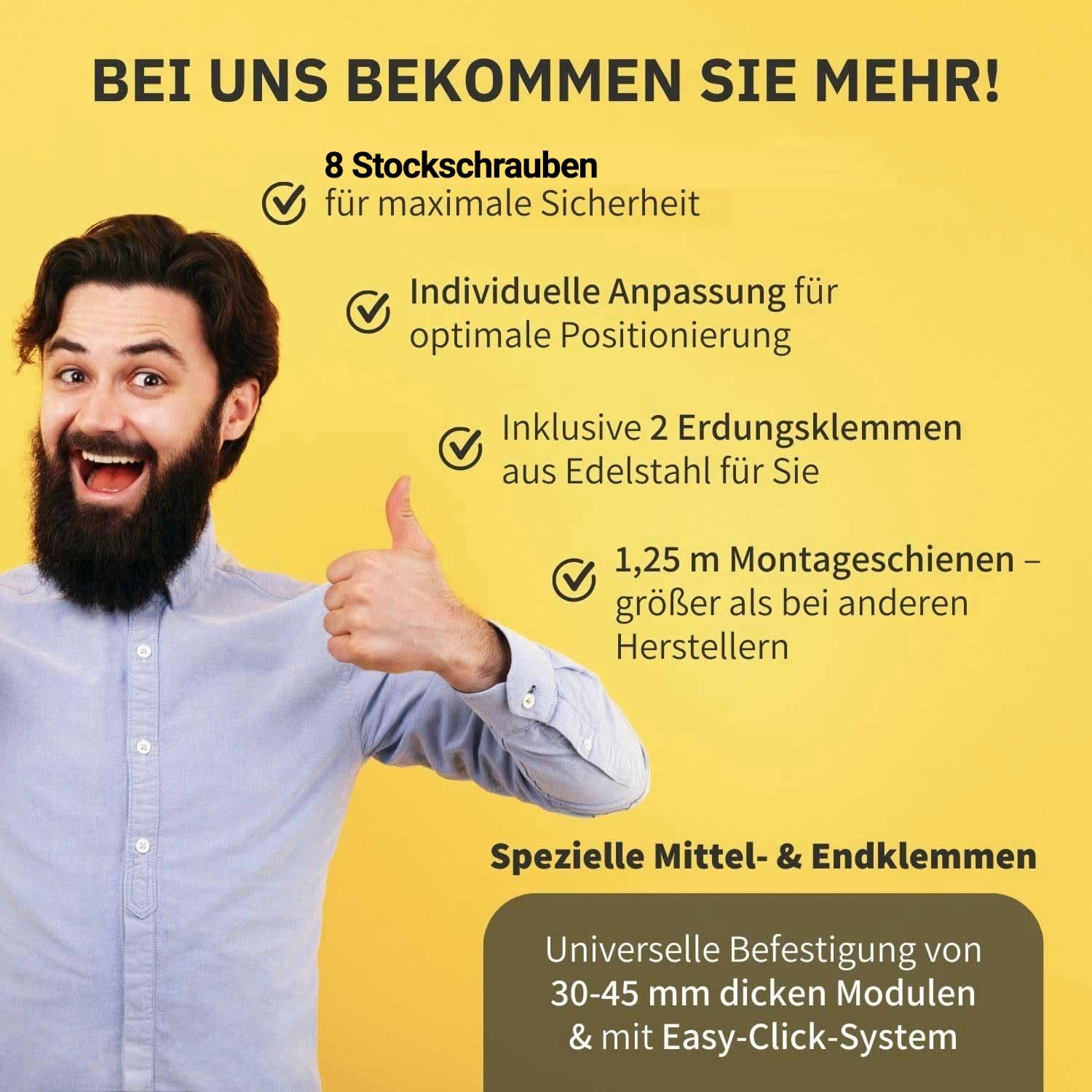 PV Halterung Blechdach Montageset – Balkonkraftwerk – inkl. 200 mm Stockschrauben M10, EPDM-Dichtung, 1,25 m Aluschienen & Modulhalter – für Trapez- & Wellblech